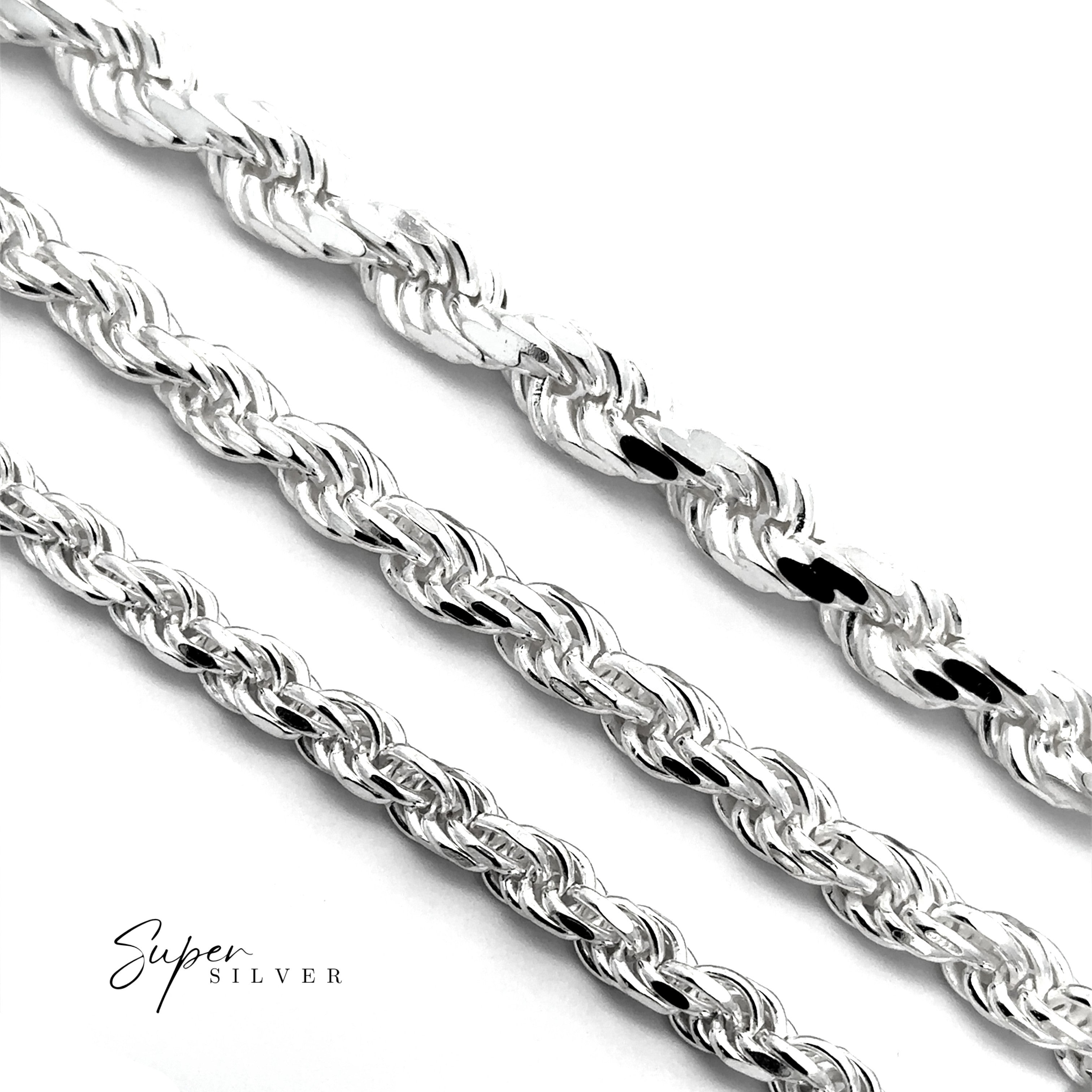 Three Heavy Duty Italian D/C Rope Chains in sterling silver are displayed parallel on a white background, with "Super Silver" in the lower left corner.