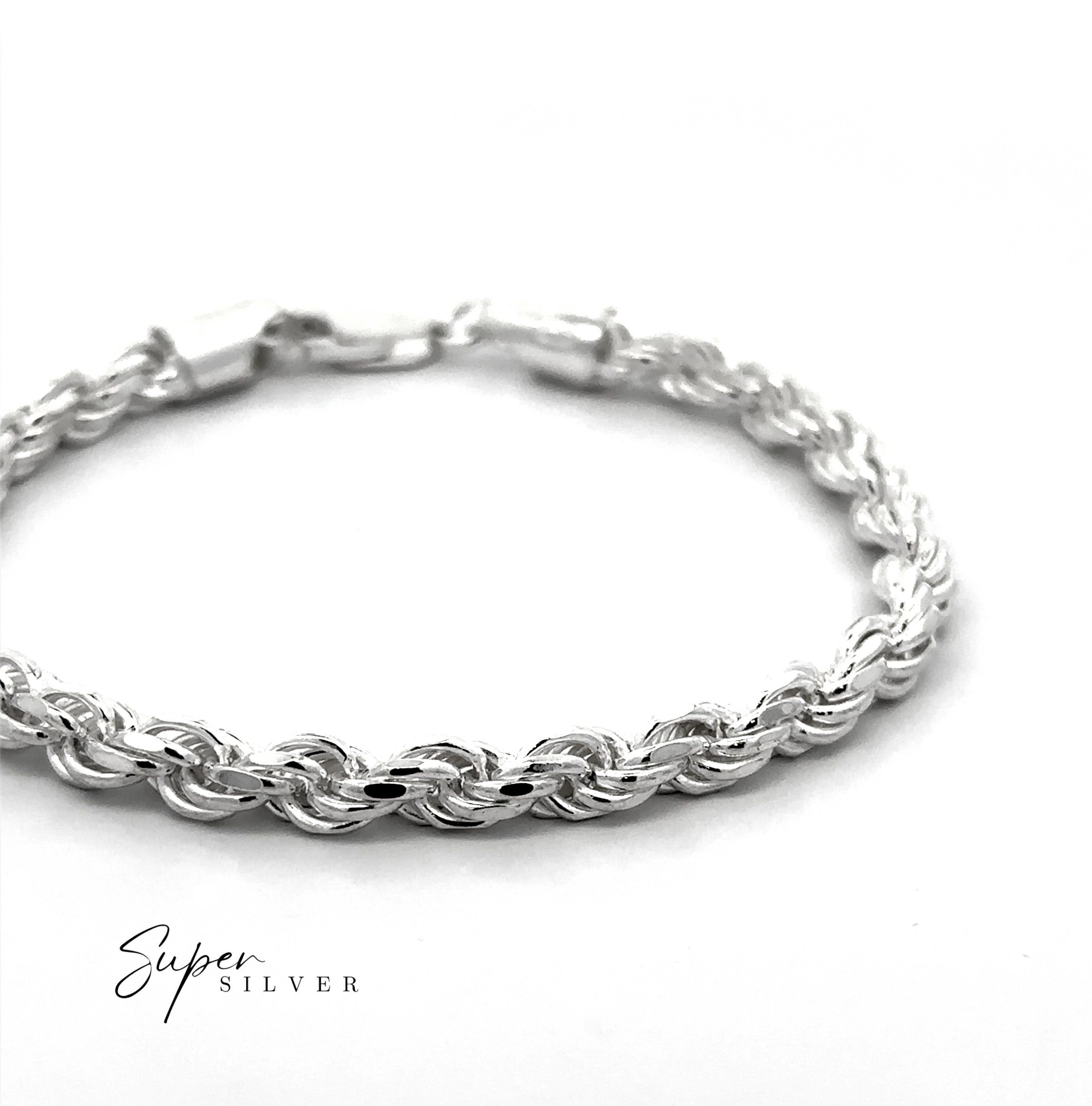 Close-up of a Heavy Duty Italian D/C Rope Chain bracelet on a white background with "Super Silver" text in the lower left corner.