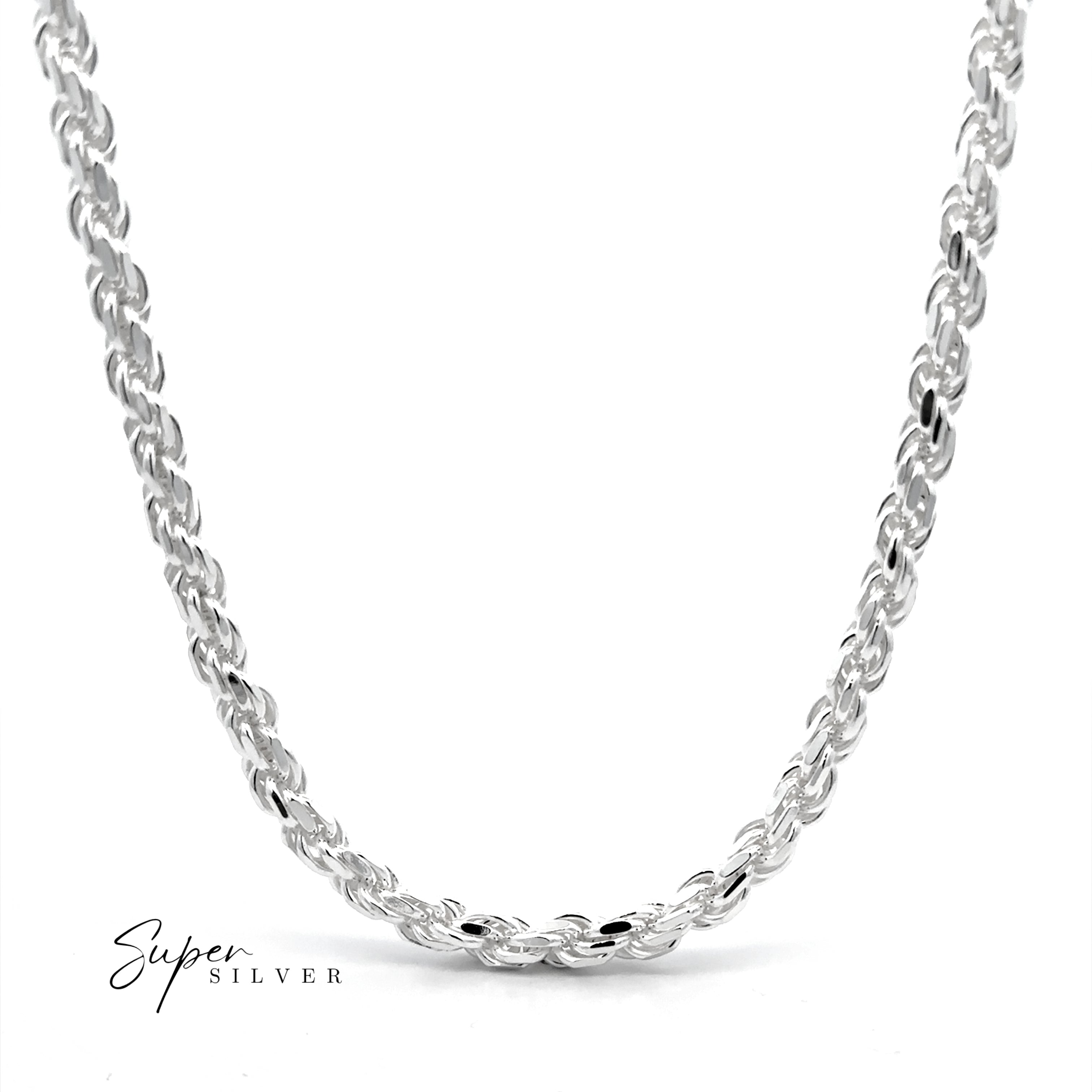 A close-up of a polished Heavy Duty Italian D/C Rope Chain necklace displayed against a white background with the "Super Silver" logo in the bottom left corner.