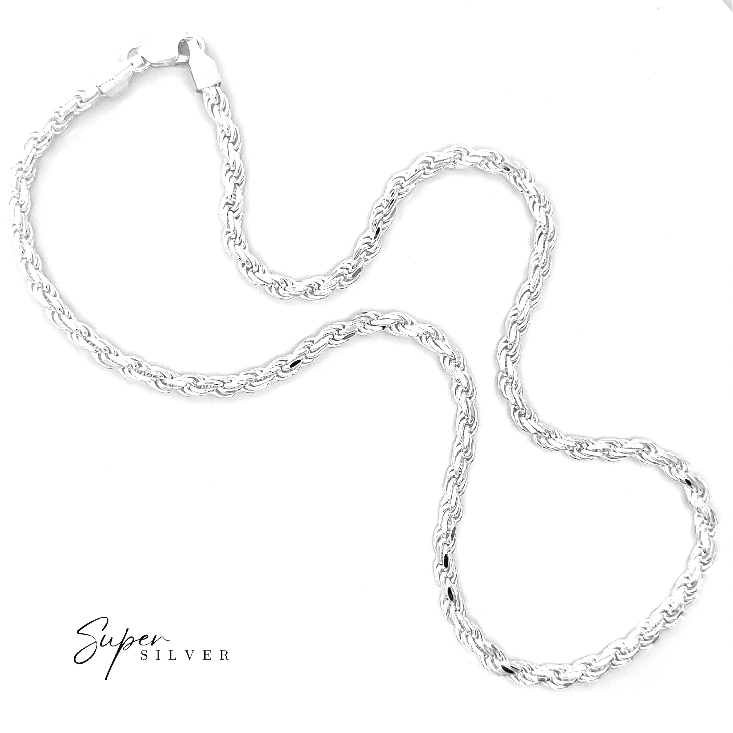 The Heavy Duty Italian D/C Rope Chain, made of sterling silver and featuring a lobster clasp, is displayed in a loose curve on a white background with "Super Silver" in the lower left corner.