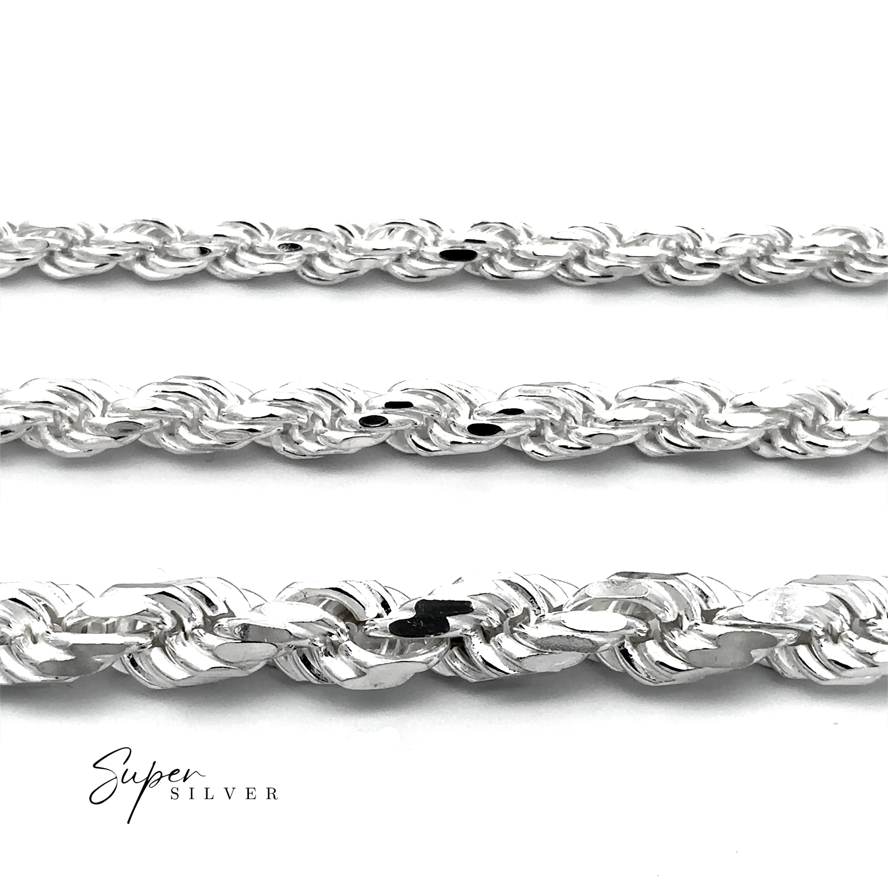 The Heavy Duty Italian D/C Rope Chain, along with two other sterling silver chains of varying thickness, is displayed horizontally on a white background featuring the "Super Silver" logo in the corner.
