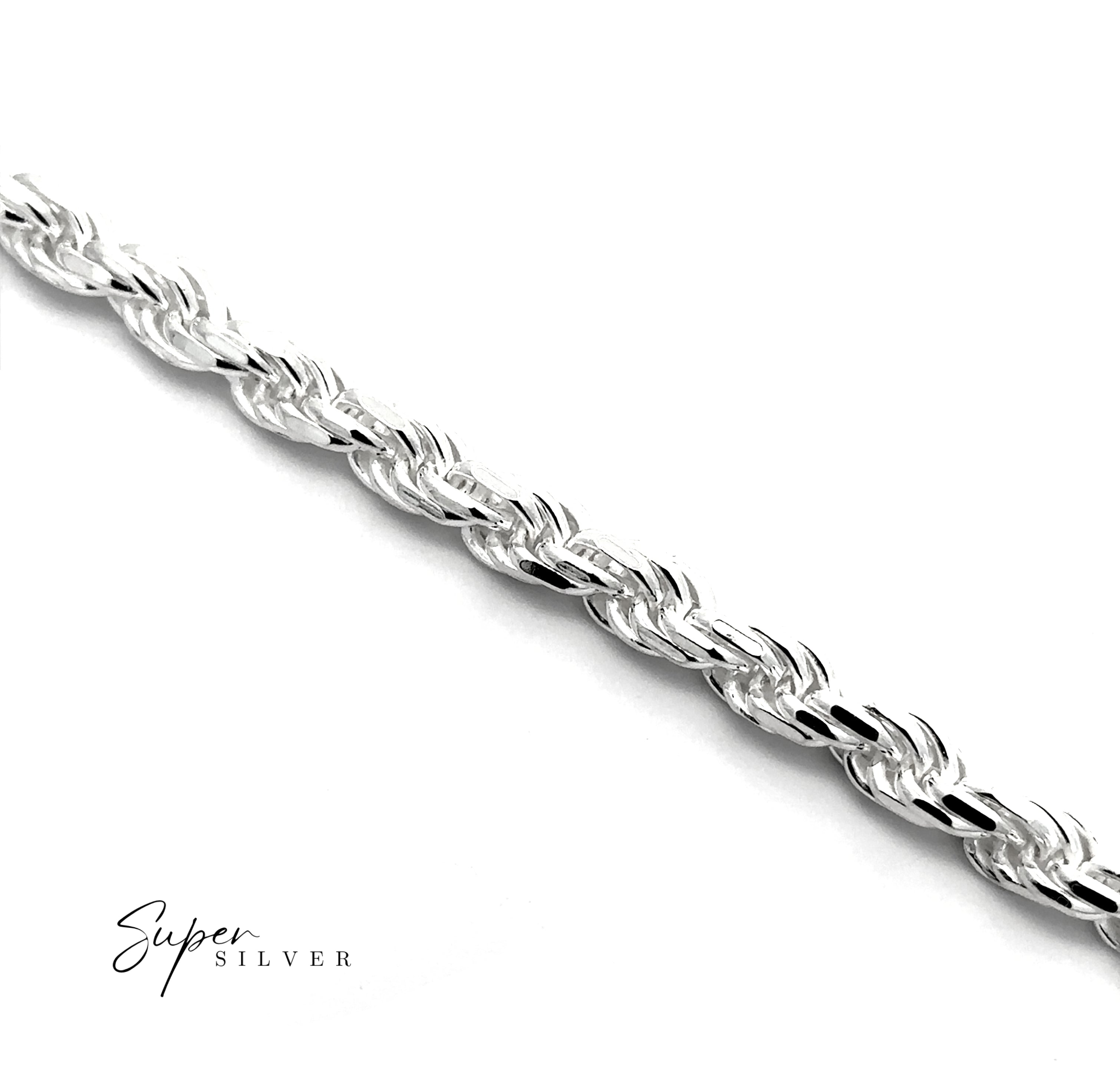 Close-up of a Heavy Duty Italian D/C Rope Chain necklace displayed on a white background, with "Super Silver" text in the lower left corner.