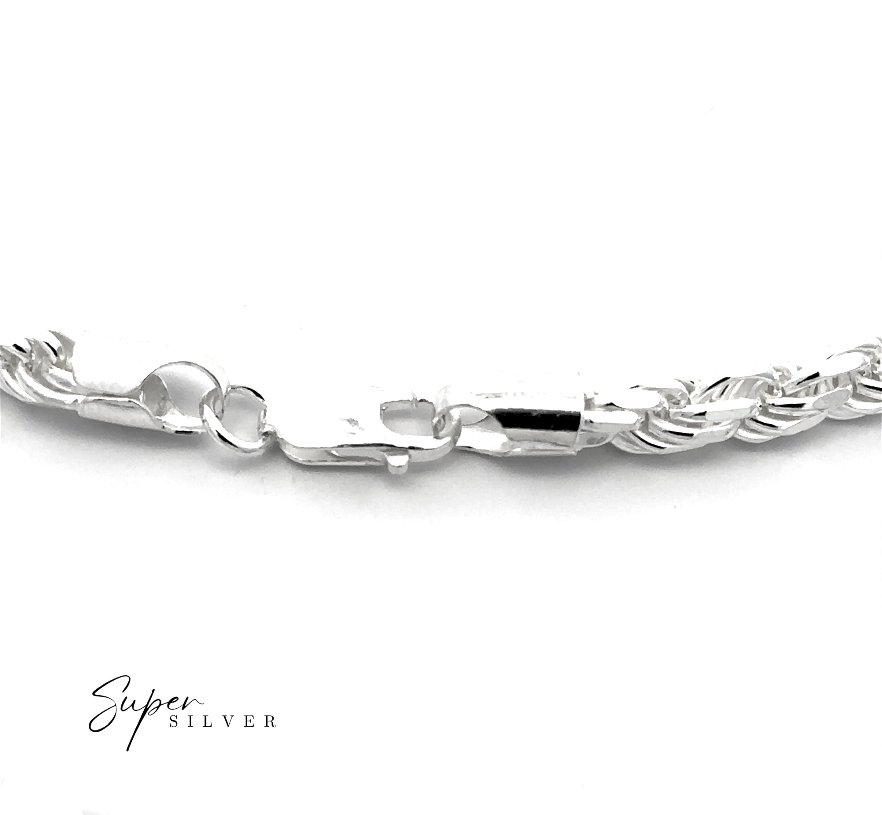 Close-up of a Heavy Duty Italian D/C Rope Chain bracelet with a lobster clasp on a white background; "Super Silver" text appears in the bottom left corner.