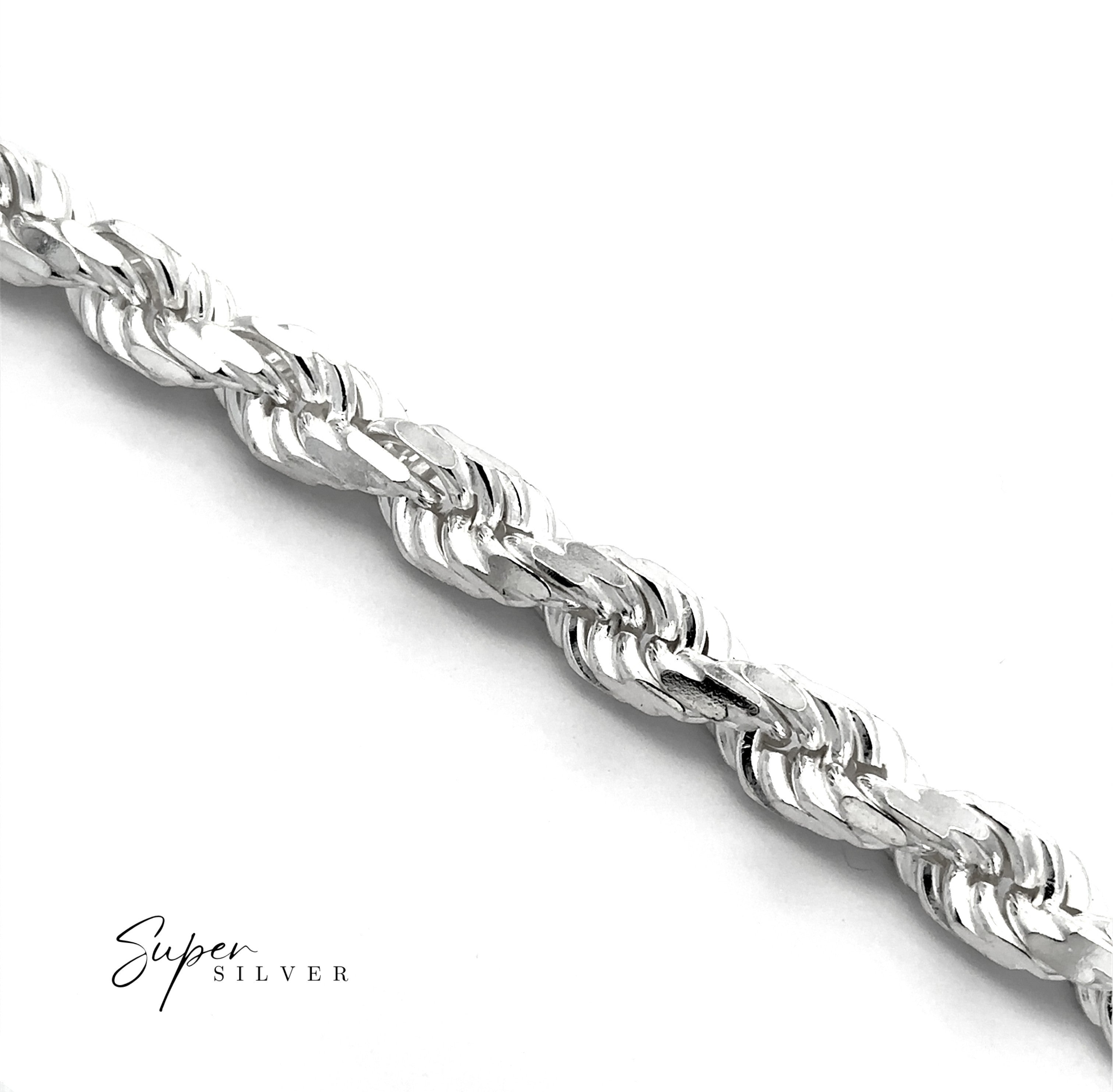 Close-up of a Heavy Duty Italian D/C Rope Chain bracelet on a white background, highlighting its intricate design with the text "Super Silver" in the bottom left corner.