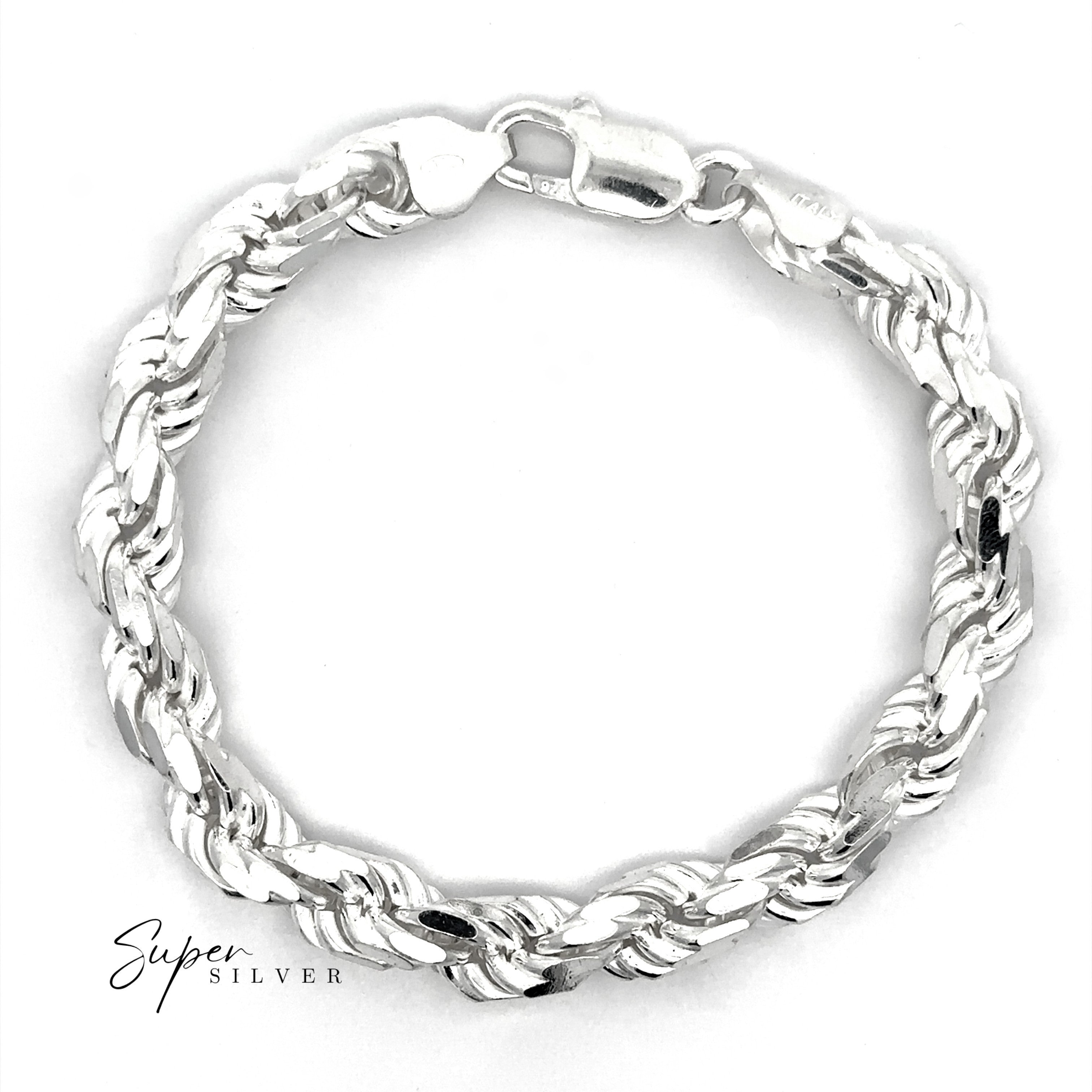 A Heavy Duty Italian D/C Rope Chain bracelet with a lobster clasp is displayed on a white background. The text "Super Silver" appears in the lower left corner.