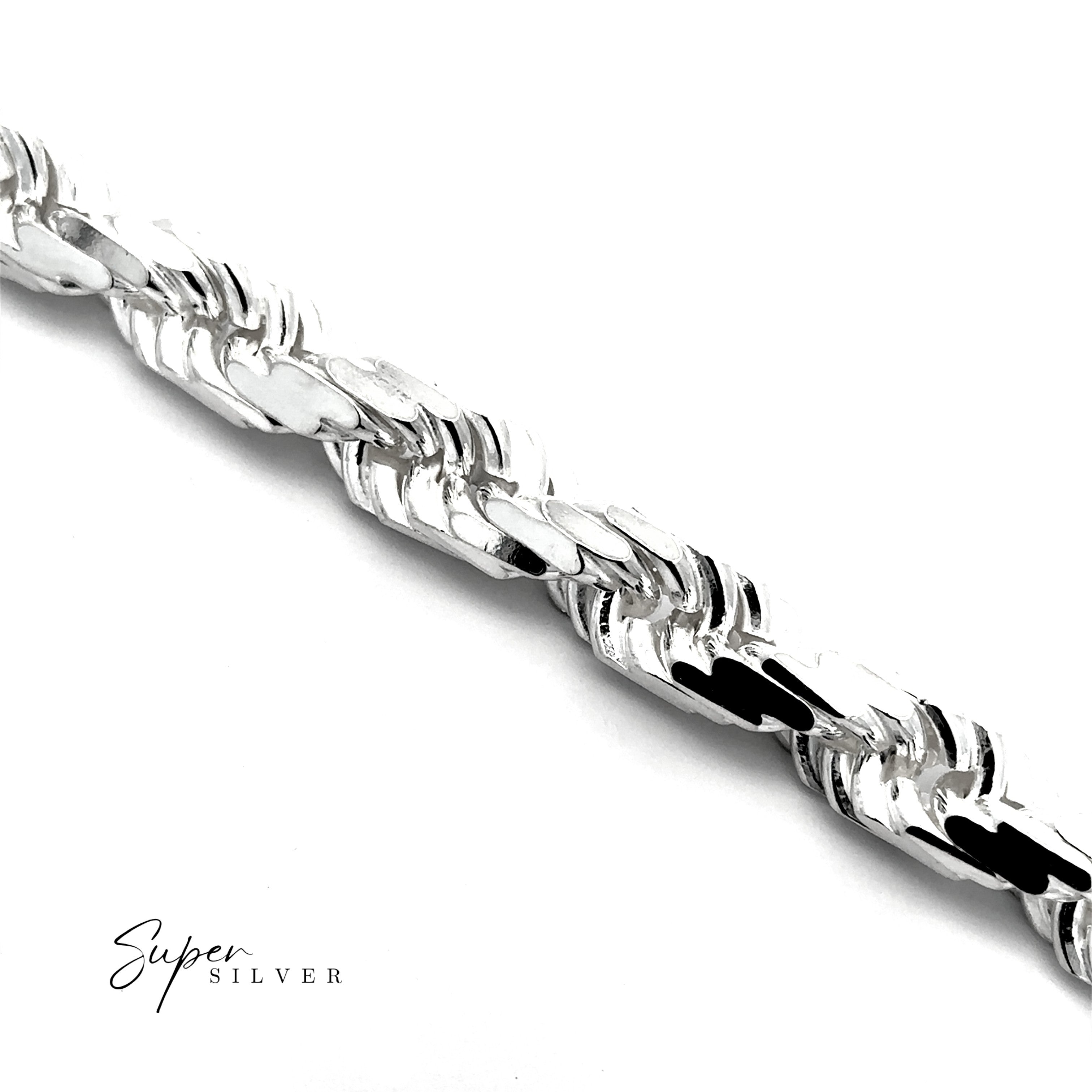 Close-up image of the Huge Italian D/C Rope Chain, a diamond-cut sterling silver bracelet with a polished finish on a white background. The words "Super Silver" appear in the bottom left corner.