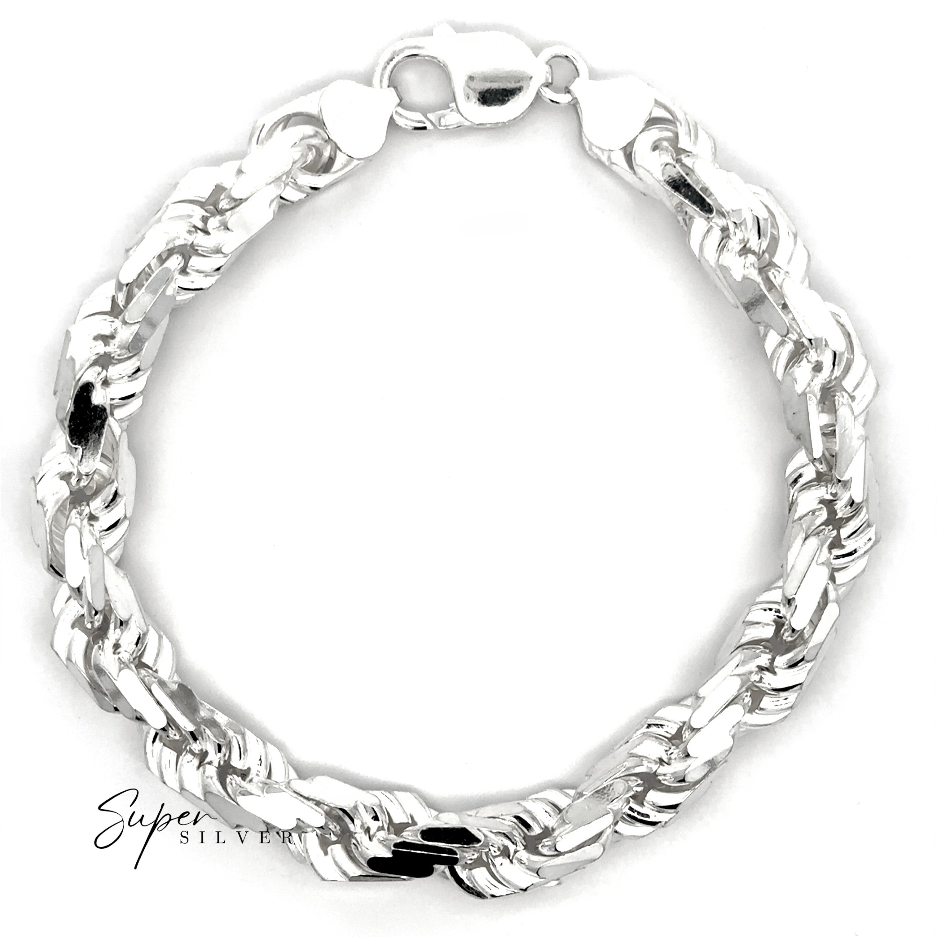 The Huge Italian D/C Rope Chain, a diamond-cut sterling silver bracelet with a lobster clasp, is shown in a circular shape on a white background with "Super Silver" text in the corner.