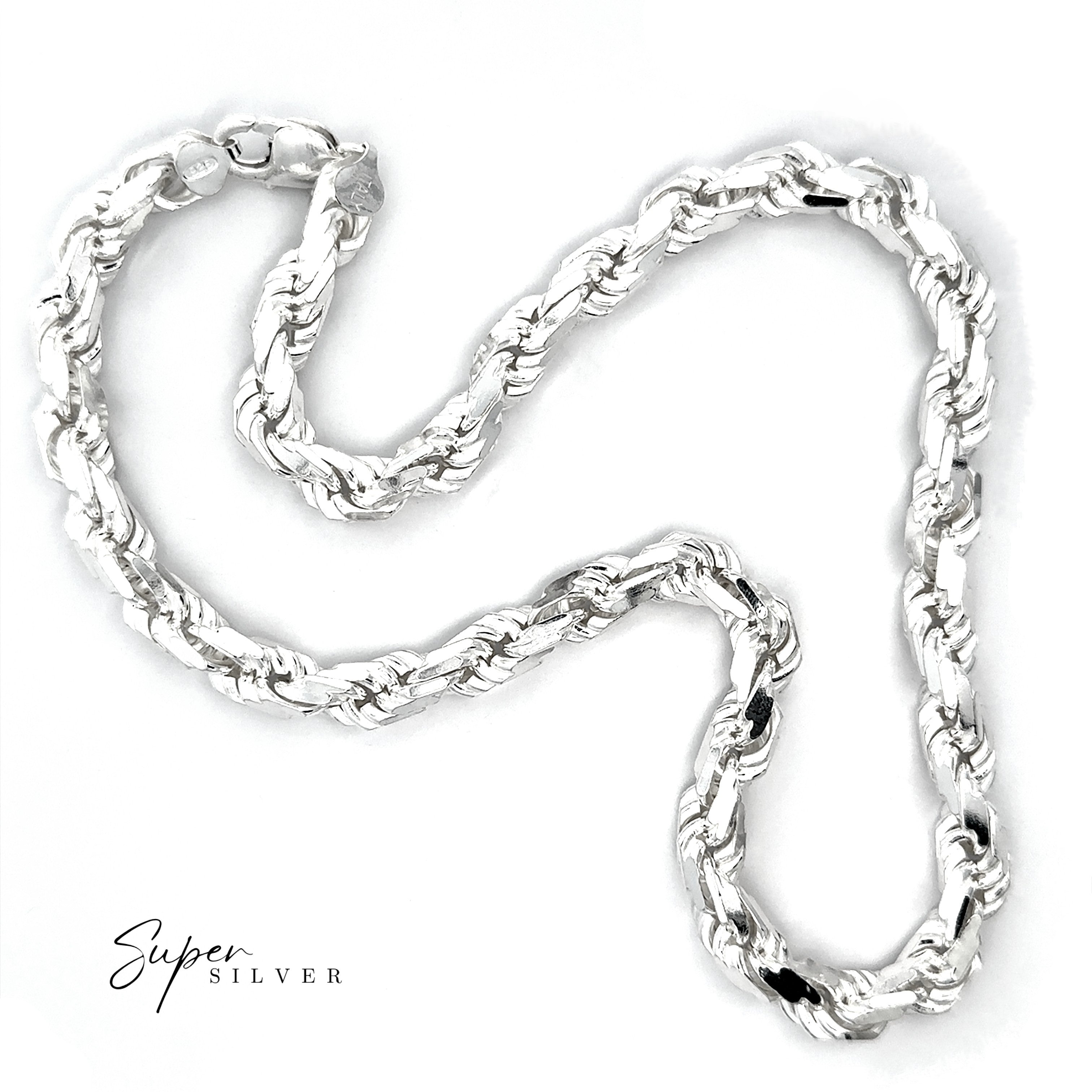 The Huge Italian D/C Rope Chain, a heavyweight silver necklace with a lobster clasp, is shown on a white background. Its brilliant shine stands out, with "Super Silver" featured in the bottom left corner.