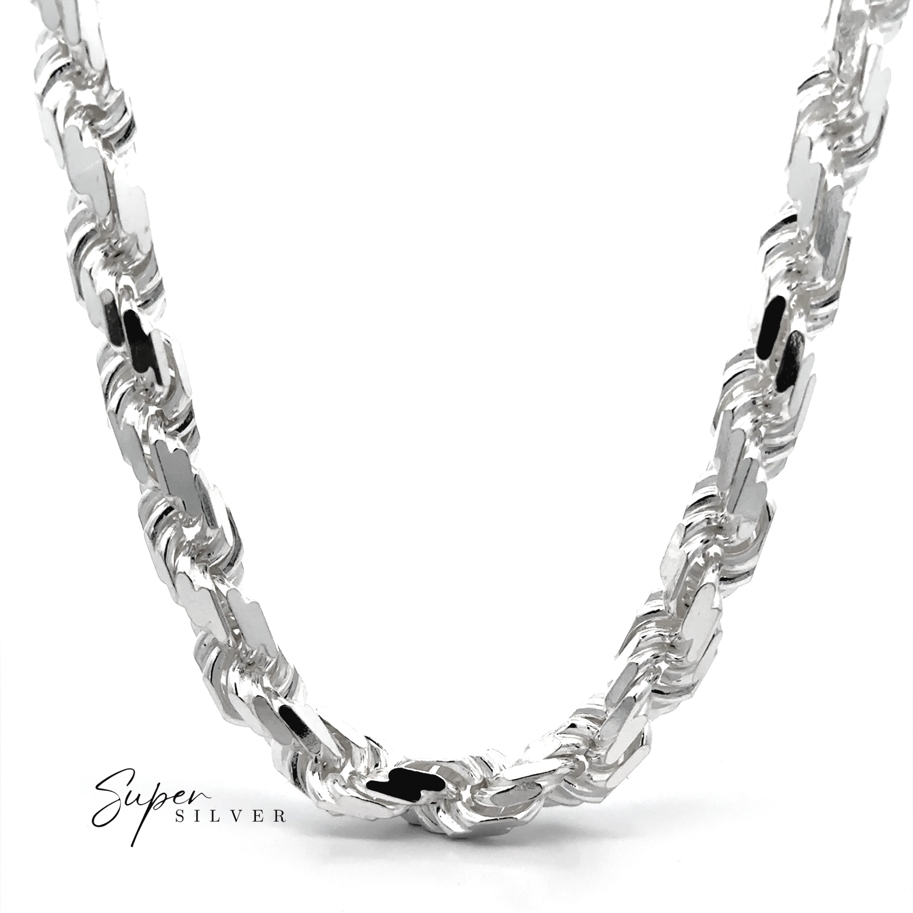 A close-up of the Huge Italian D/C Rope Chain, a heavyweight silver necklace with rich texture, displayed on a white background and featuring the "Super Silver" logo in the bottom left corner.