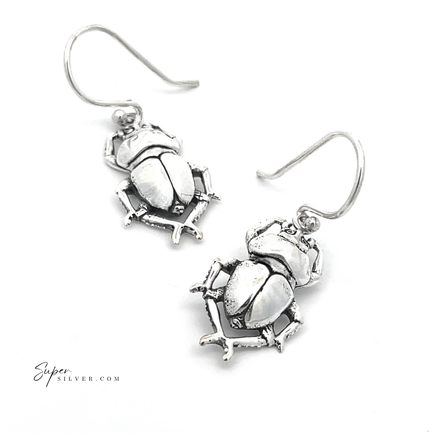 
                  
                    A pair of Beetle Earrings crafted from sterling silver, featuring scarab beetle designs with hooks on a white background, evoking the style of ancient Egyptian jewelry.
                  
                