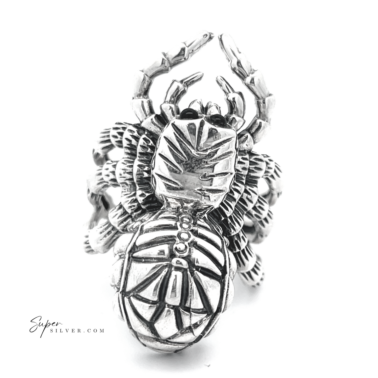 
                  
                    Exquisitely crafted Adjustable Statement Spider Ring made of sterling silver, featuring a detailed body and legs against a white background, highlighting the artistry of handcrafted jewelry.
                  
                