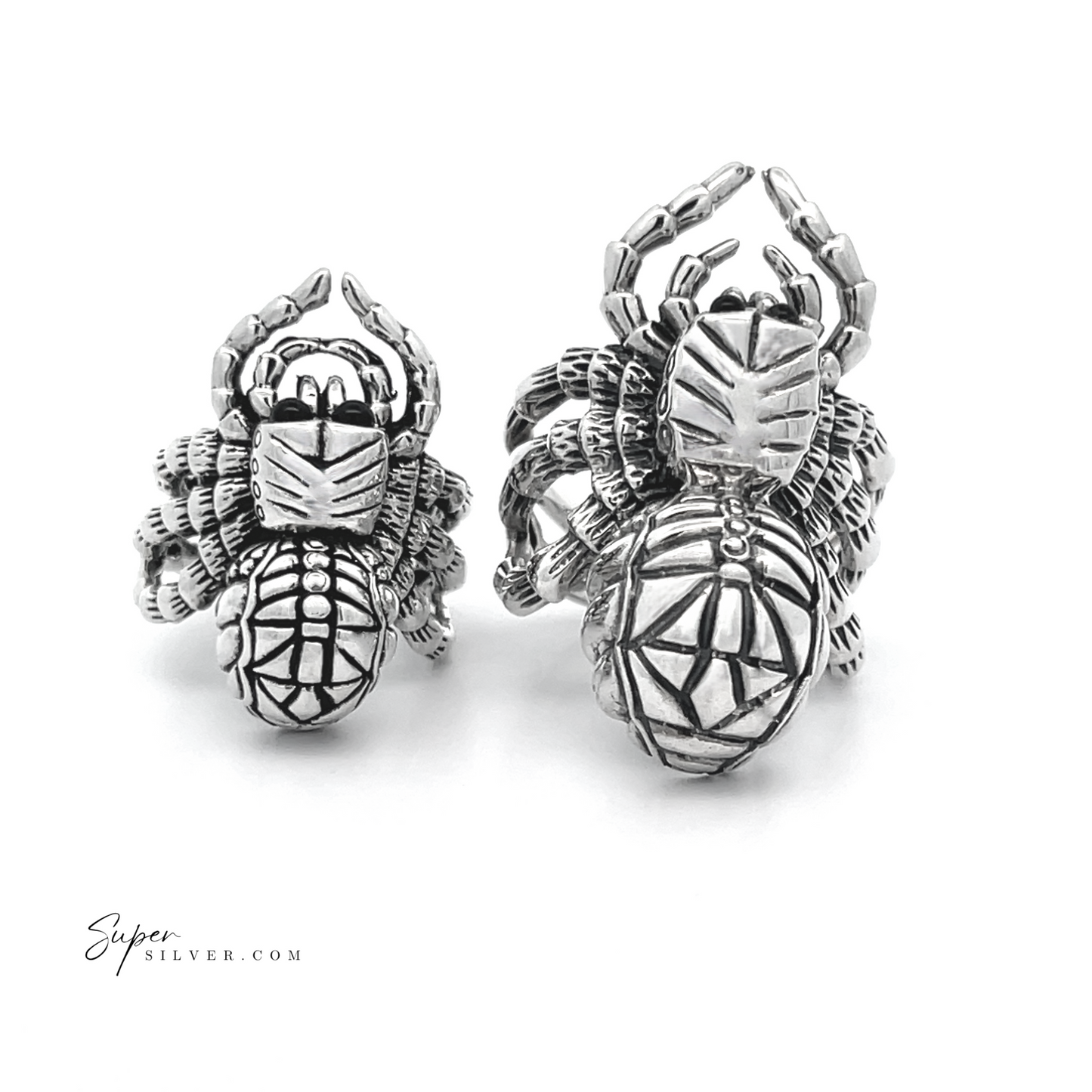 
                  
                    The Adjustable Statement Spider Rings, crafted from sterling silver and featuring intricate designs, are displayed on a white background to highlight the beauty of handcrafted jewelry.
                  
                