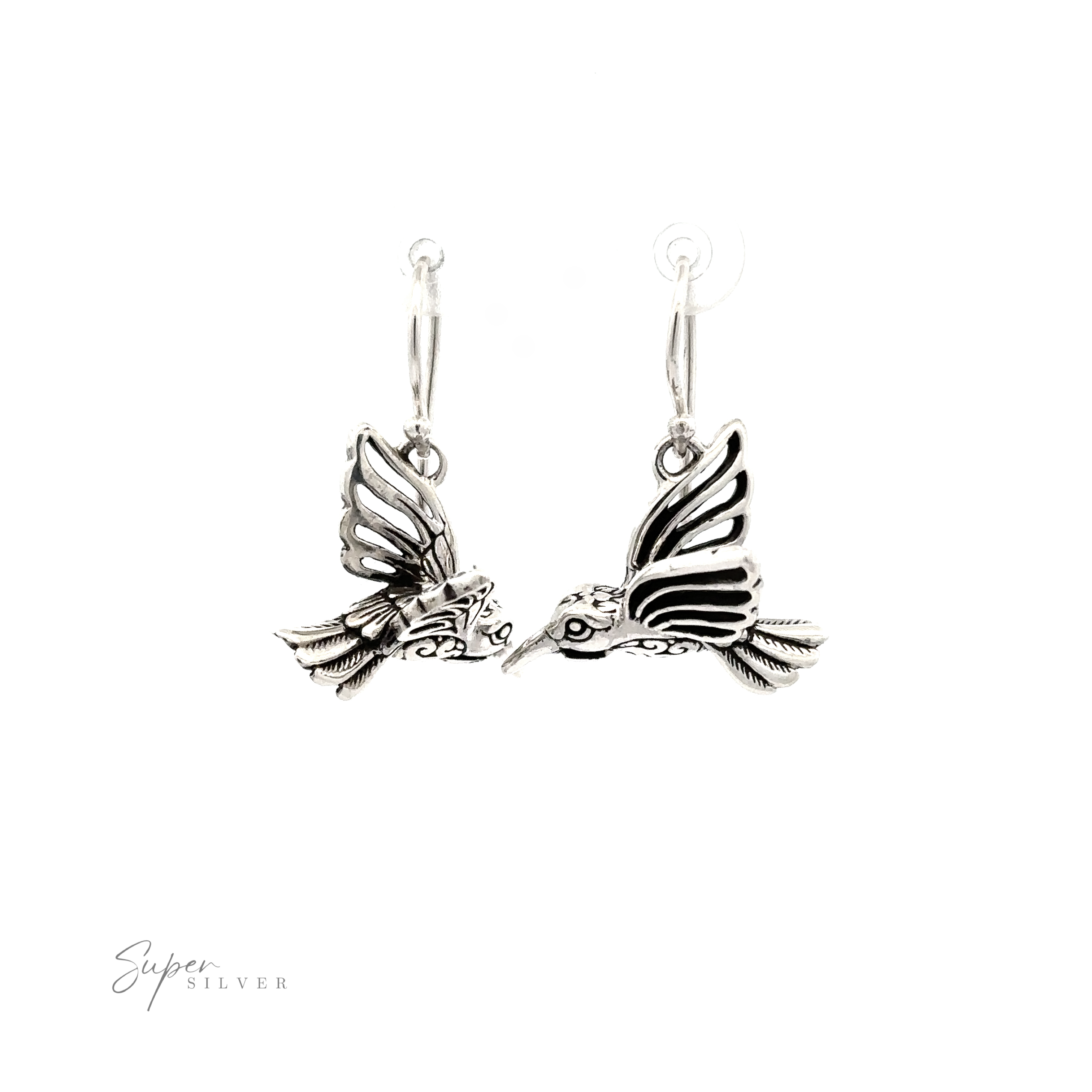 A pair of Filigree Hummingbird Earrings shaped like hummingbirds in mid-flight, each with intricate detailing on the wings and body, displayed against a white background.