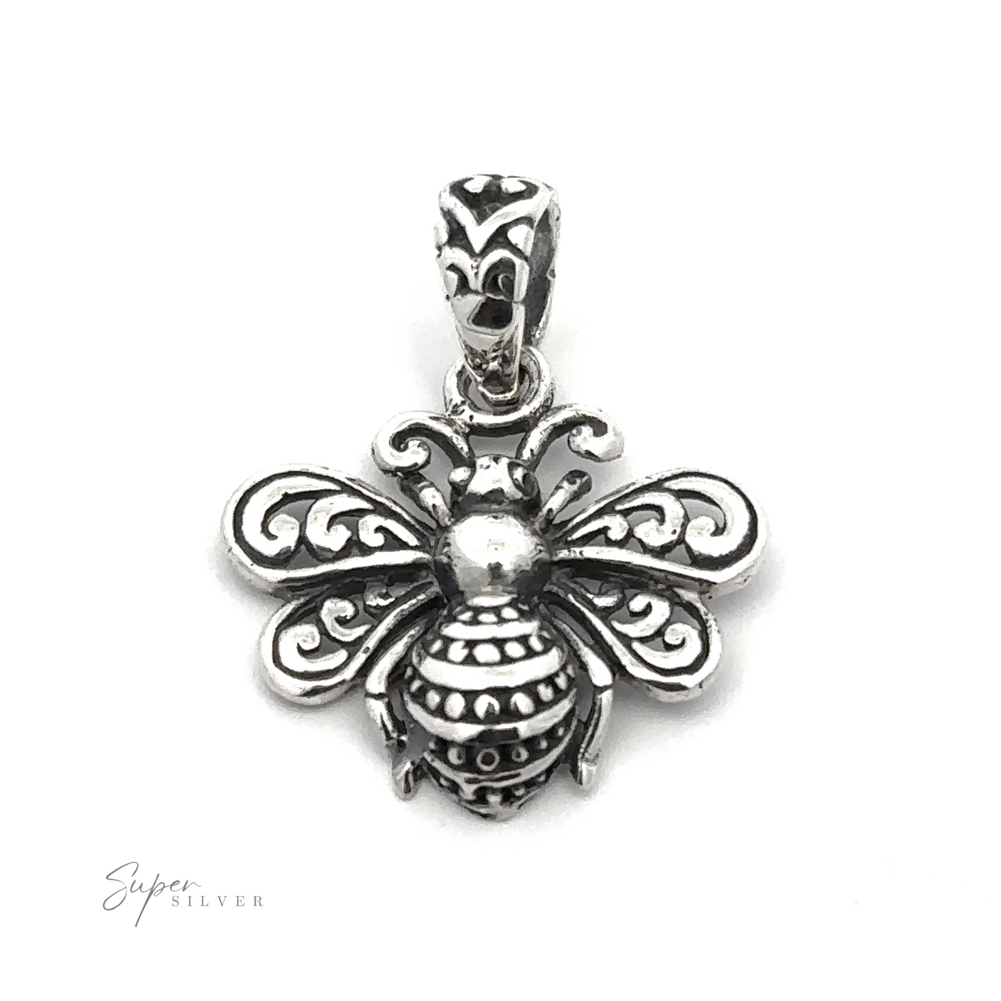 
                  
                    A detailed, silver Filigree Bee Pendant with ornate patterns on its wings and body. The pendant hook also has intricate designs. The text "Super Silver .925 Sterling Silver" is visible at the bottom left corner.
                  
                