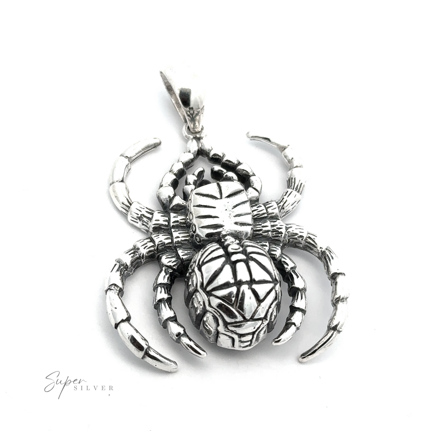 
                  
                    A detailed Large Spider Pendant featuring eight legs and a patterned body, meticulously crafted from .925 Sterling Silver, with the text "Super Silver" inscribed at the bottom left. This exquisite piece exemplifies the artistry of handcrafted jewelry.
                  
                