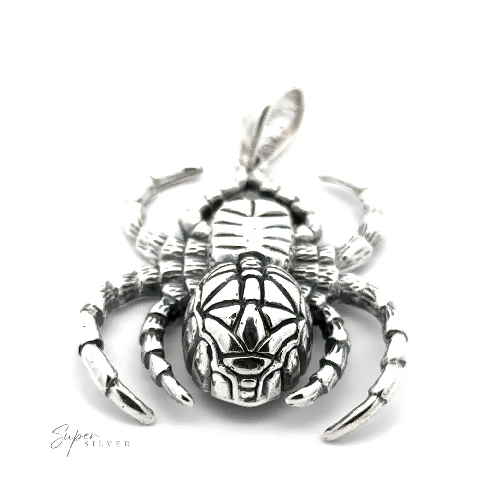 
                  
                    A Large Spider Pendant with intricate detailing, featuring a loop at the top for attaching to a chain. This elegant piece of handcrafted jewelry is made from .925 Sterling Silver. The text "Super Silver" is visible at the bottom left of the image.
                  
                
