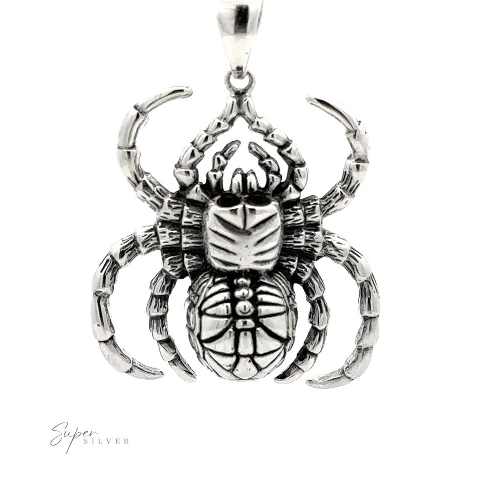 
                  
                    A detailed Large Spider Pendant with intricate engravings, handcrafted in genuine .925 Sterling Silver, featuring eight legs and a loop for hanging.
                  
                