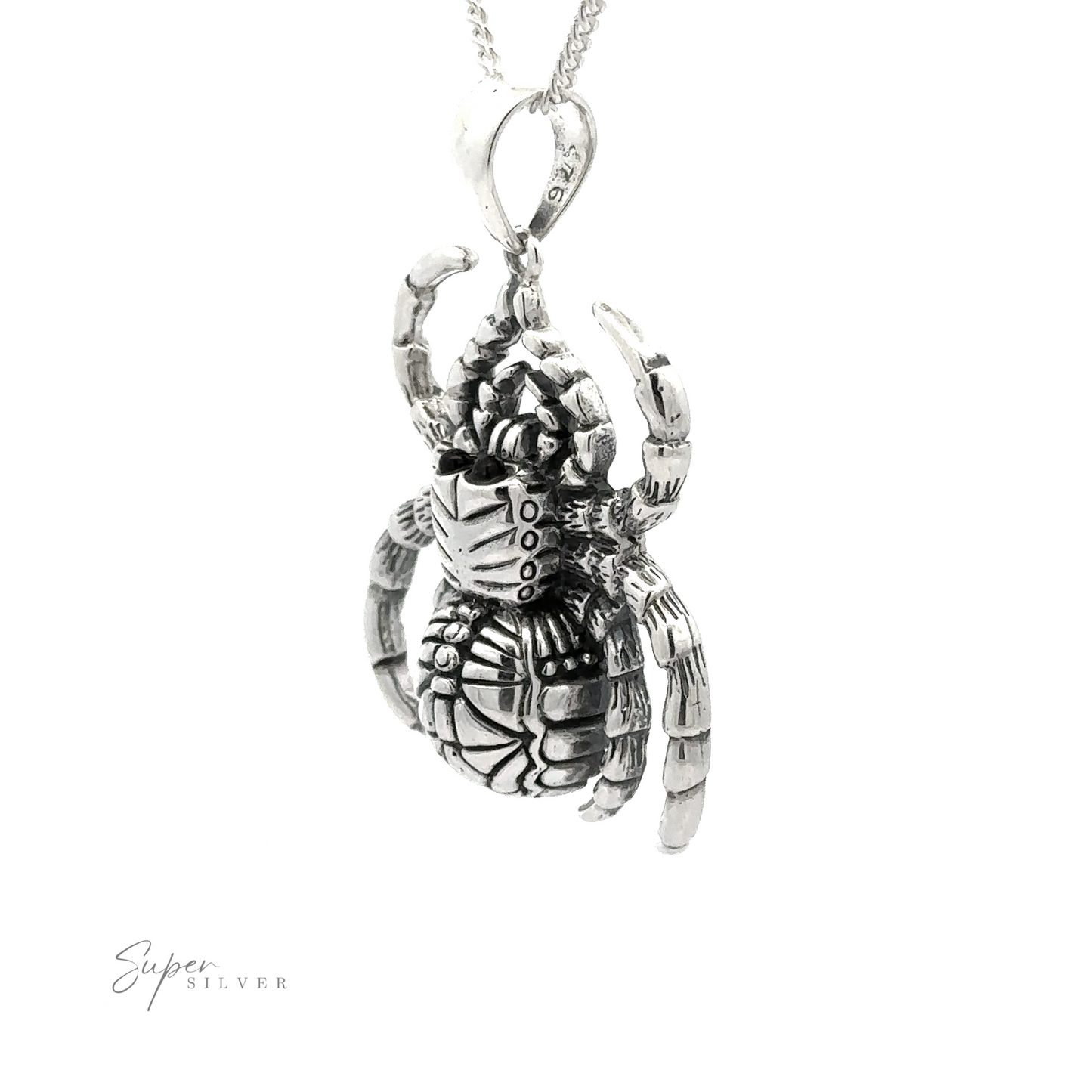 
                  
                    A silver Large Spider Pendant designed with intricate details hangs from a chain against a white background, labeled "Super Silver." Handcrafted jewelry enthusiasts will appreciate that this exquisite piece is made from .925 Sterling Silver.
                  
                