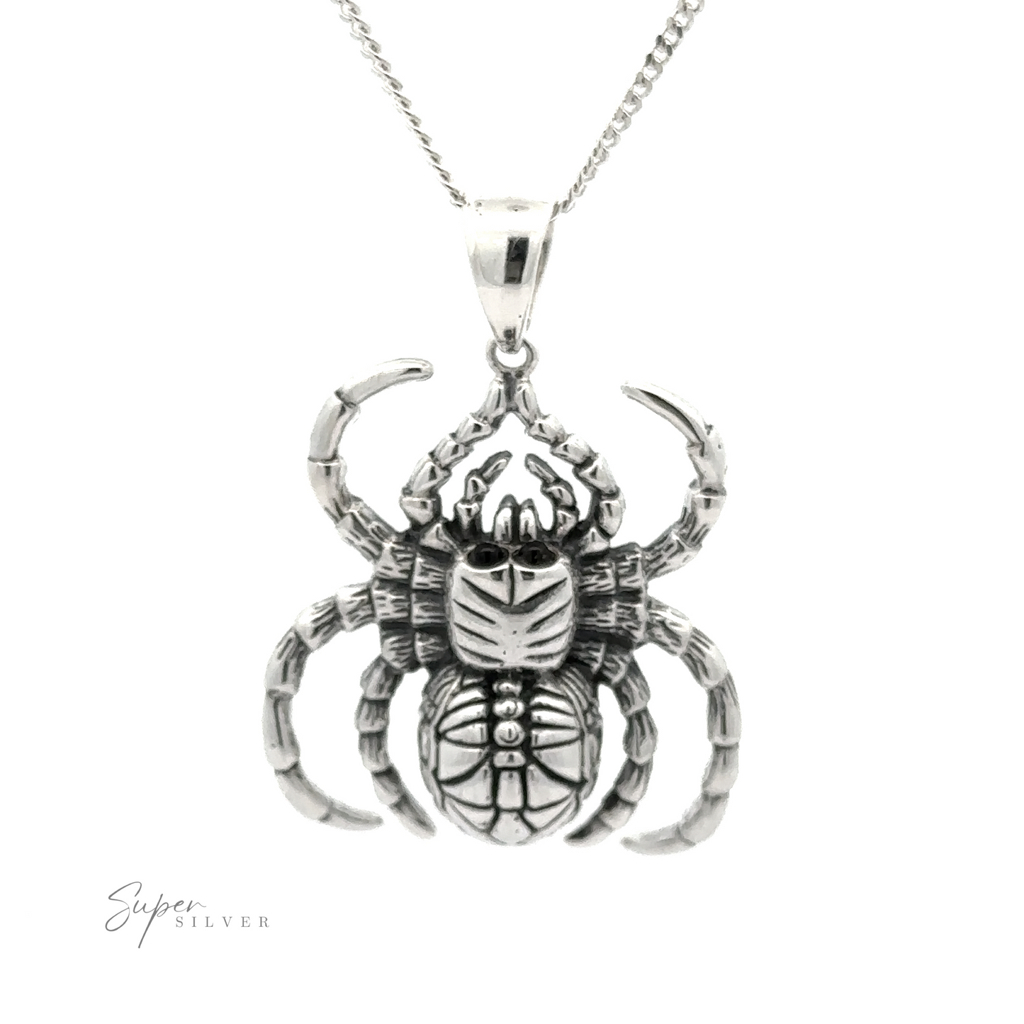 A Large Spider Pendant featuring a pendant shaped like a detailed spider. The handcrafted jewelry piece is intricately designed with eight legs and a segmented body, making it a stunning piece to add to your collection.