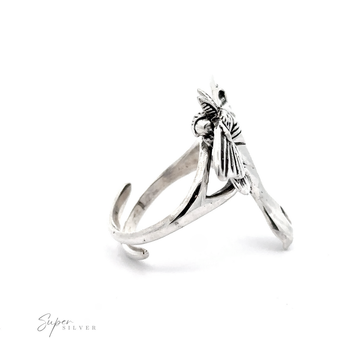 
                  
                    Statement Lunar Moth Ring designed as a stylized dragonfly, viewed on a white background with a stamped signature "super silver".
                  
                