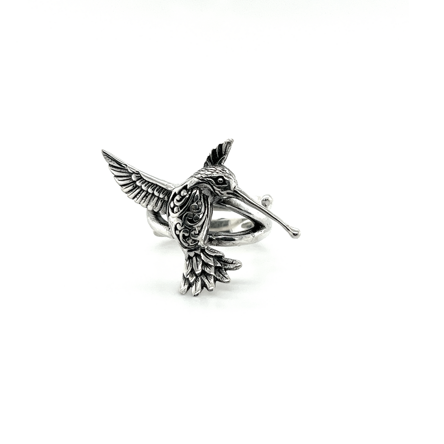 An exquisite artisan silver Filigree Hummingbird Ring, showcased against a pristine white background.