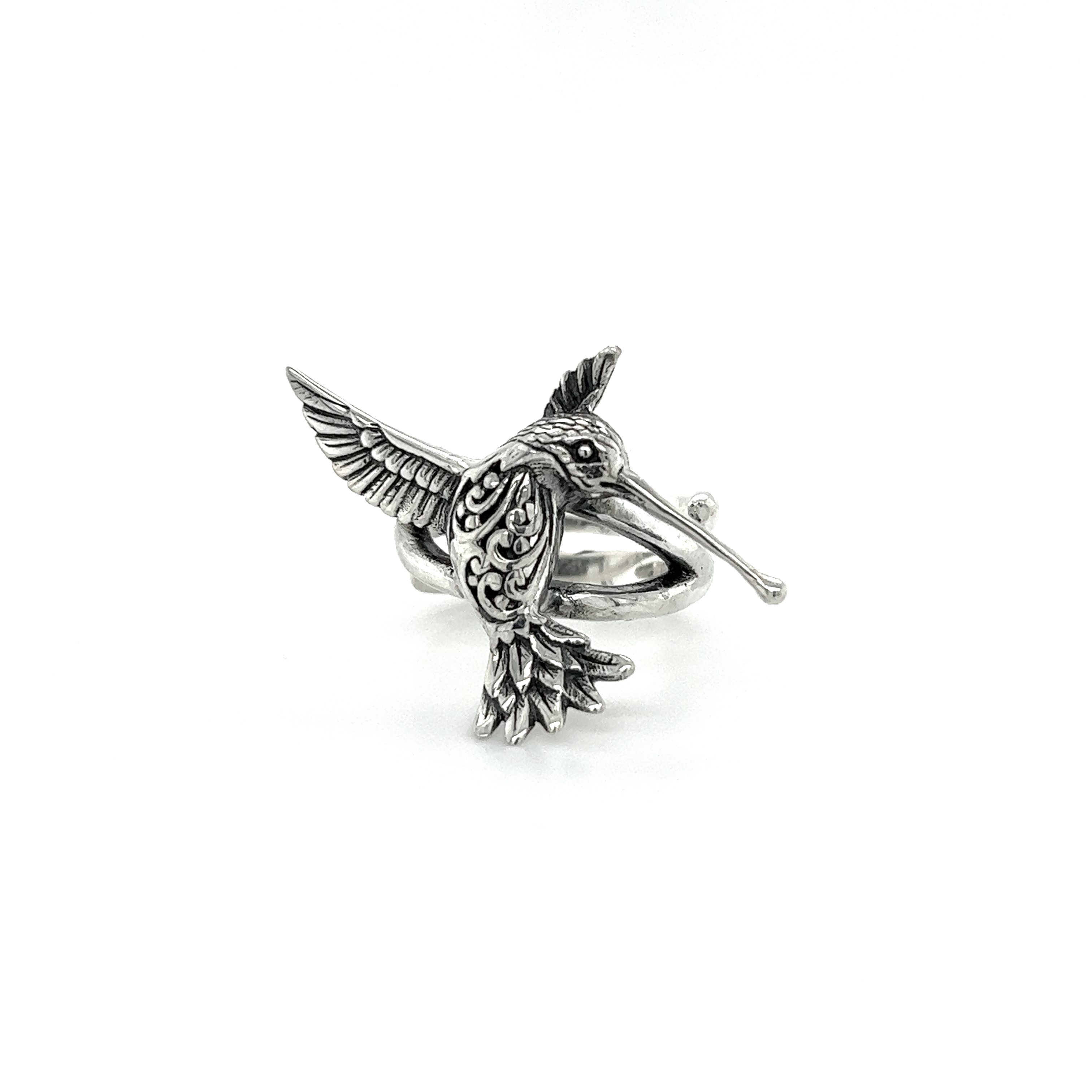 A Filigree Hummingbird Ring on a white background.