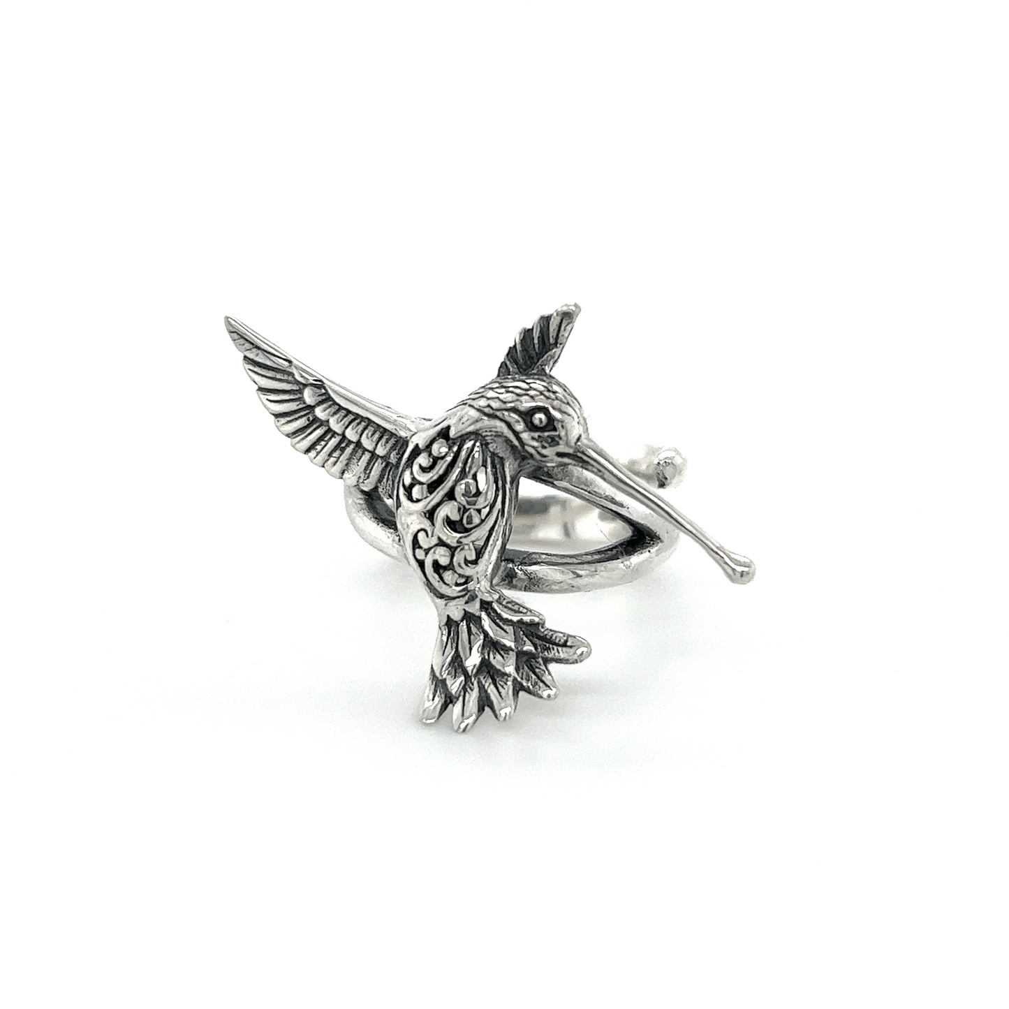 An adjustable silver Filigree Hummingbird Ring with filigree design on a white background.