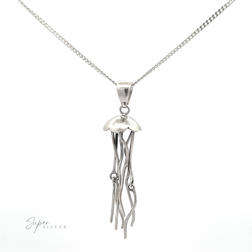 
                  
                    A silver necklace with a chain and a .925 Sterling Silver pendant resembling a Moving Tentacle Jellyfish Pendant, featuring flowing tentacle-like strands. The text "Super Silver" is inscribed in the bottom-left corner. Part of our exclusive Artisan Collections.
                  
                