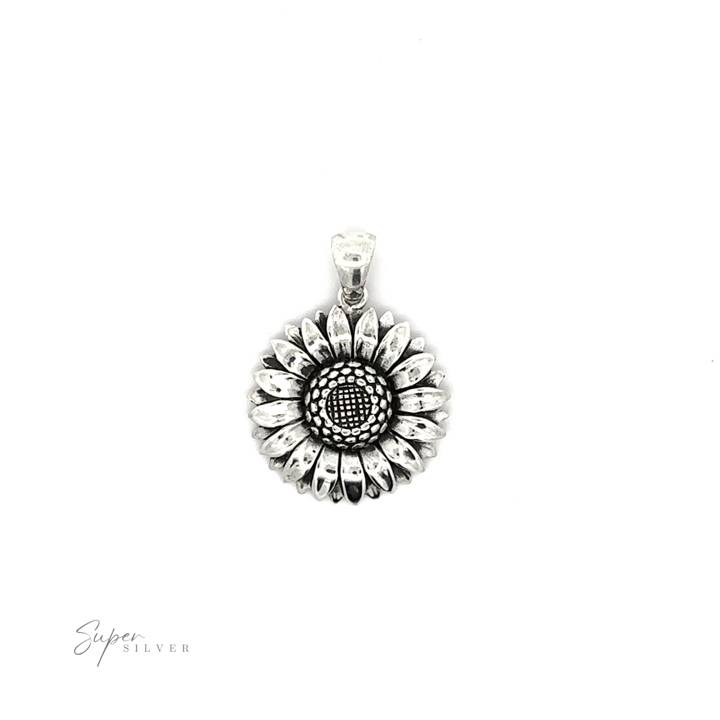 
                  
                    A Silver Sunflower Pendant with detailed petals and an oxidized finish, displayed against a white background with the logo "super silver" at the bottom.
                  
                