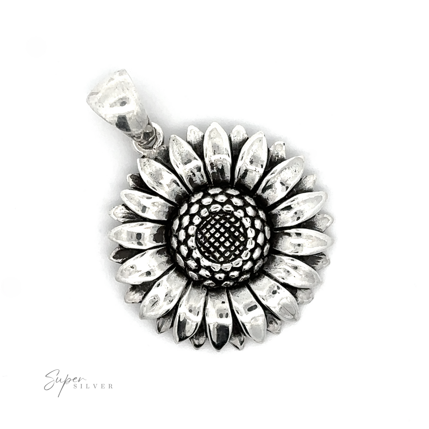 
                  
                    Oxidized <Silver Sunflower Pendants> with detailed petal design and textured center, displayed on a white background.
                  
                