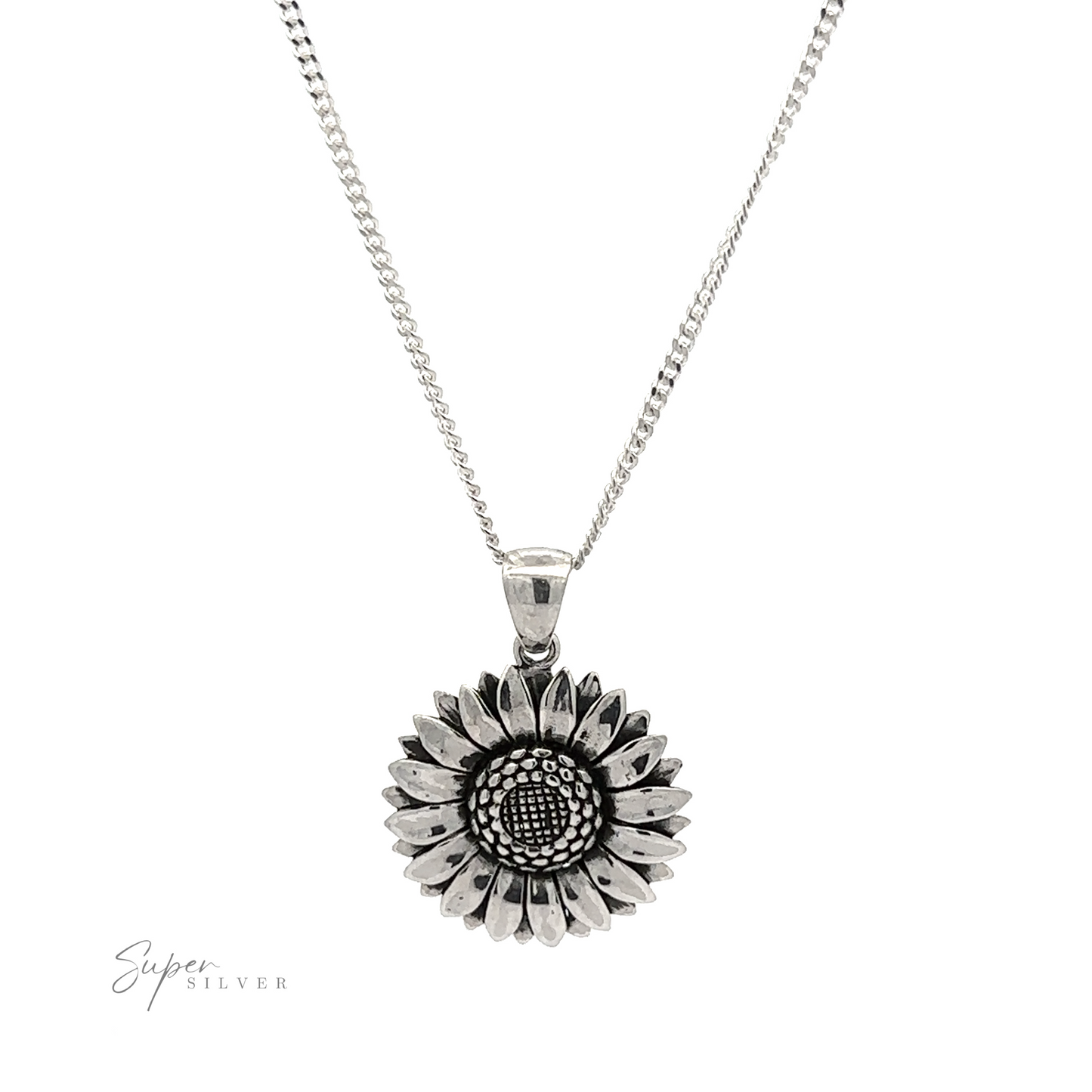 
                  
                    Silver Sunflower Pendants on a chain necklace, displayed against a white background with "super silver" signature from our artisan collections.
                  
                