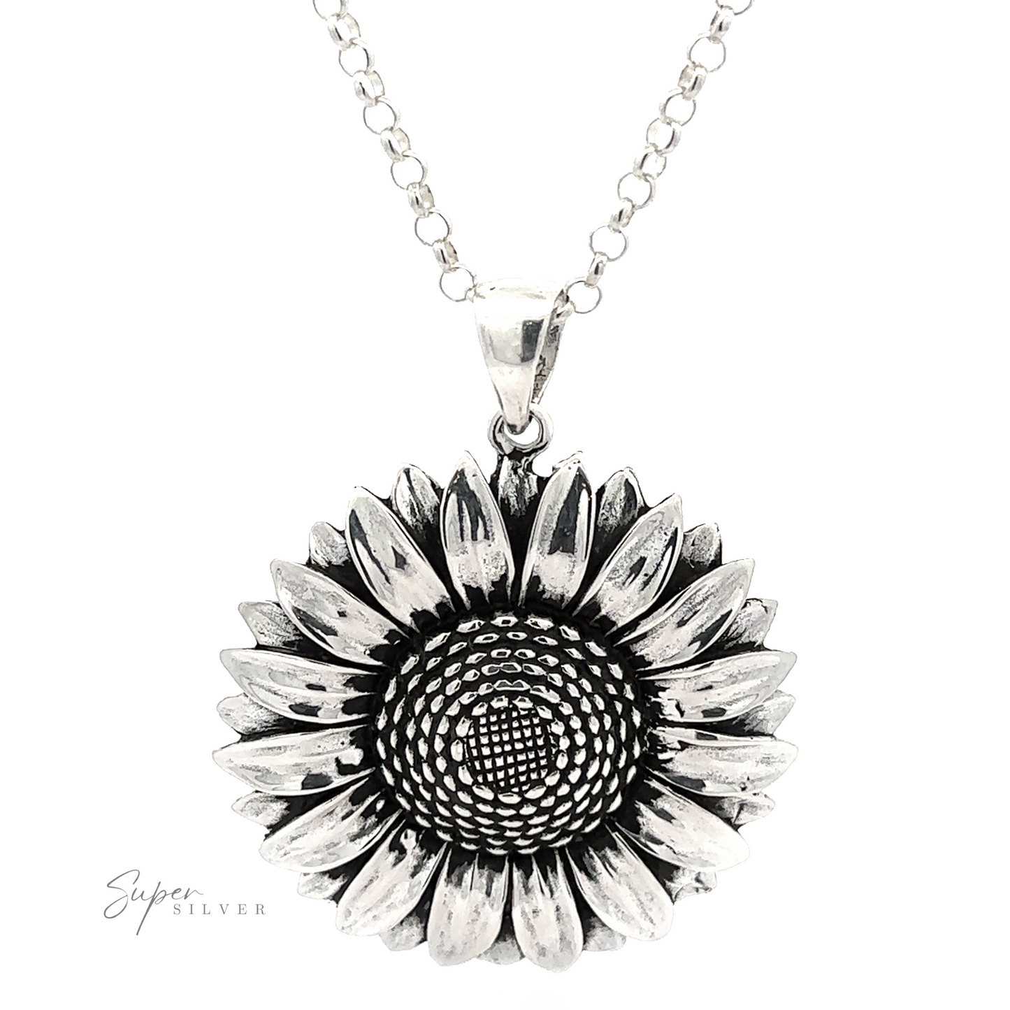 
                  
                    Silver Sunflower Pendants on a chain, featuring detailed petal and center textures with an oxidized finish, and a signature at the bottom right corner.
                  
                