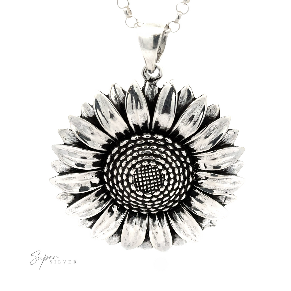 
                  
                    Silver Sunflower Pendant Necklace featuring a detailed sunflower design with an oxidized finish, displayed against a white background.
                  
                