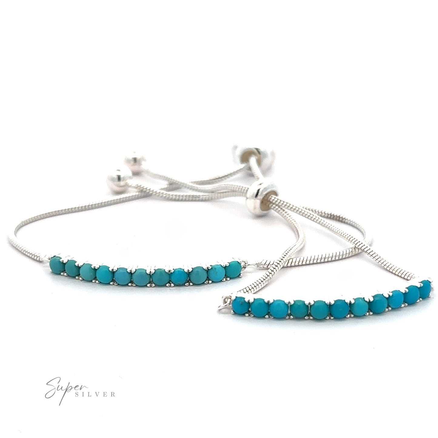 A Silver Adjustable Bracelet with American Turquoise featuring two rows of American turquoise stones with an adjustable snake chain and sliding closure.