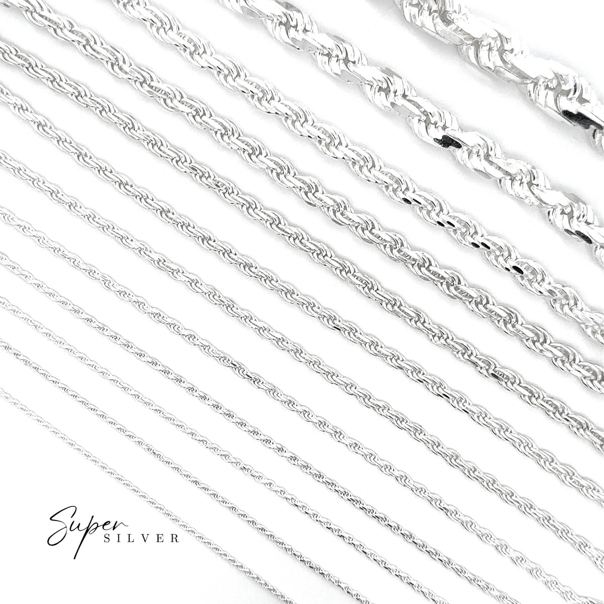 Twelve Sterling Silver Italian D/C Rope Chains of varying thickness and styles are arranged diagonally on a white background, with “Super Silver” text in the bottom left corner.