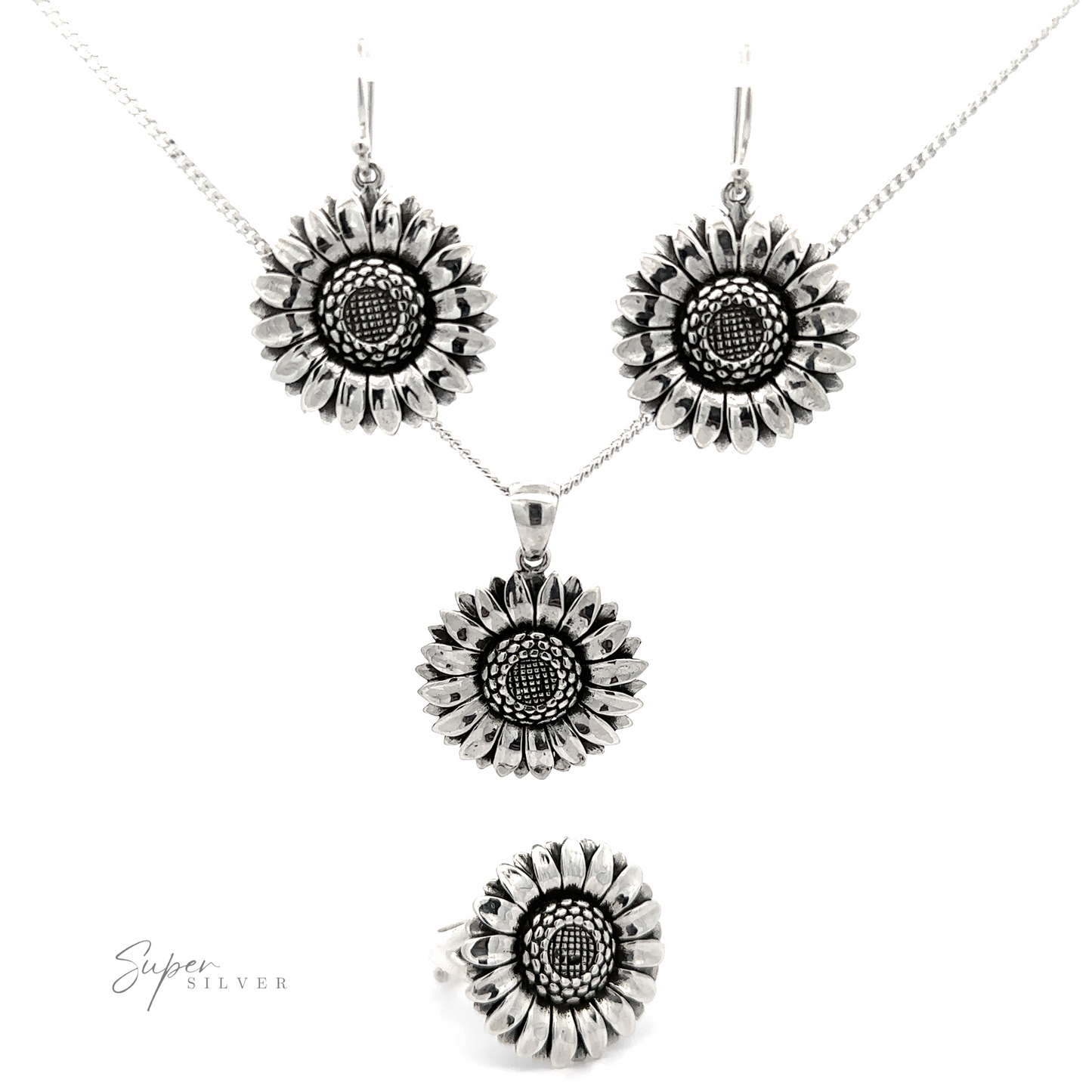 A Silver Sunflower Earrings set featuring sunflower designs, including two earrings, a necklace, and a ring, displayed against a white background with a logo reading "super silver.