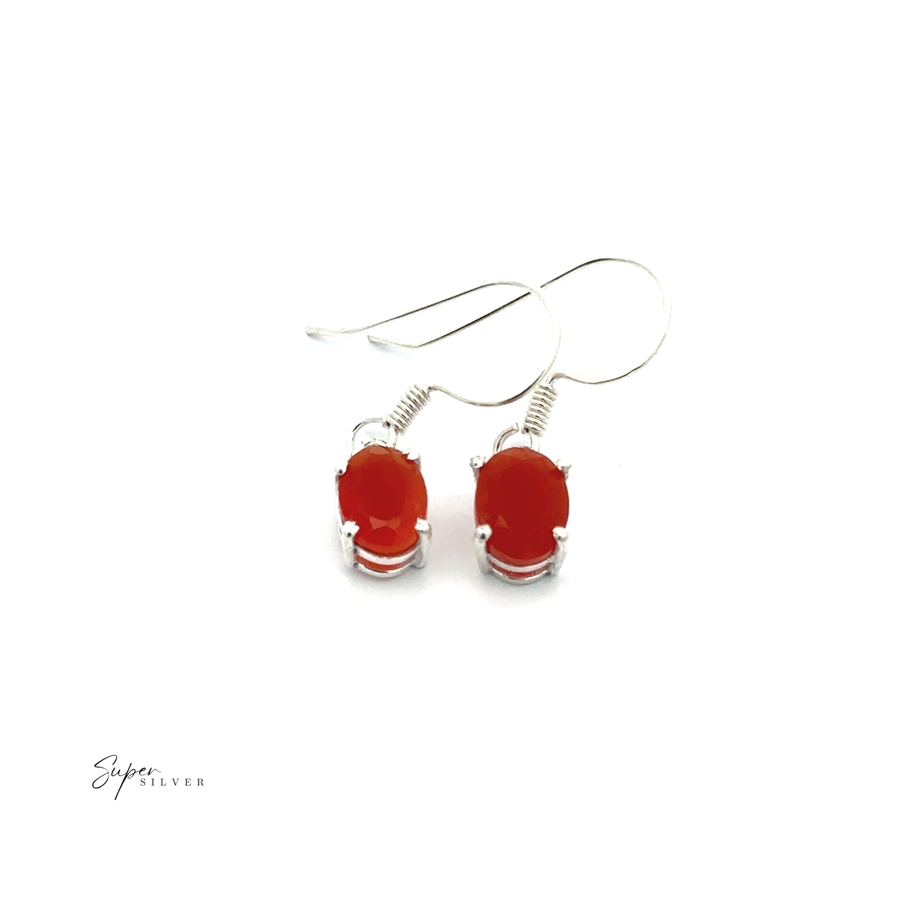Brilliant Oval Gemstone Earrings: sterling silver drop earrings with oval red stones, shown on a white background with the "Super Silver" logo in the corner.