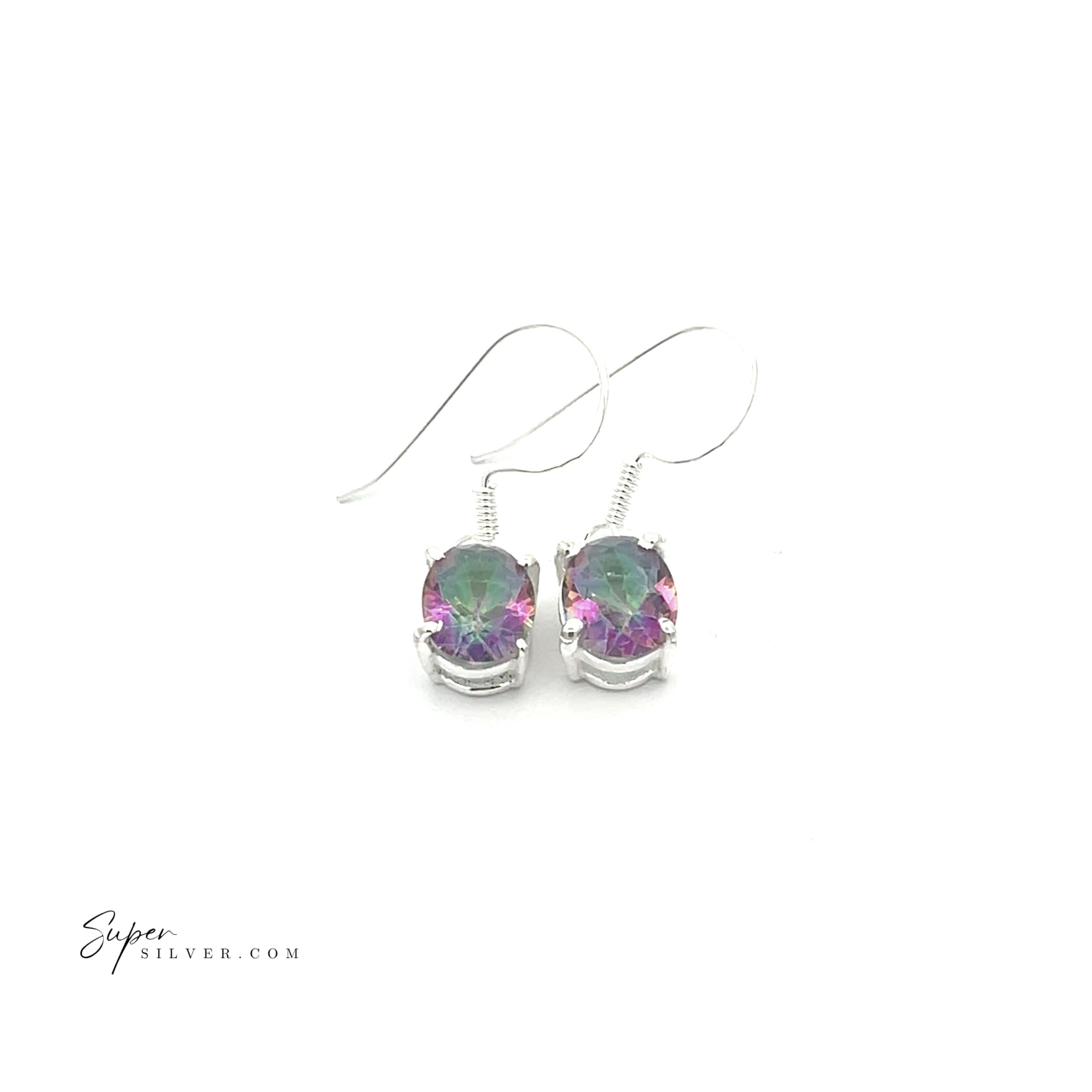The Brilliant Oval Gemstone Earrings feature sterling silver with iridescent green and purple gemstones, shown on a white background. The "Super Silver" logo appears in the bottom left corner.