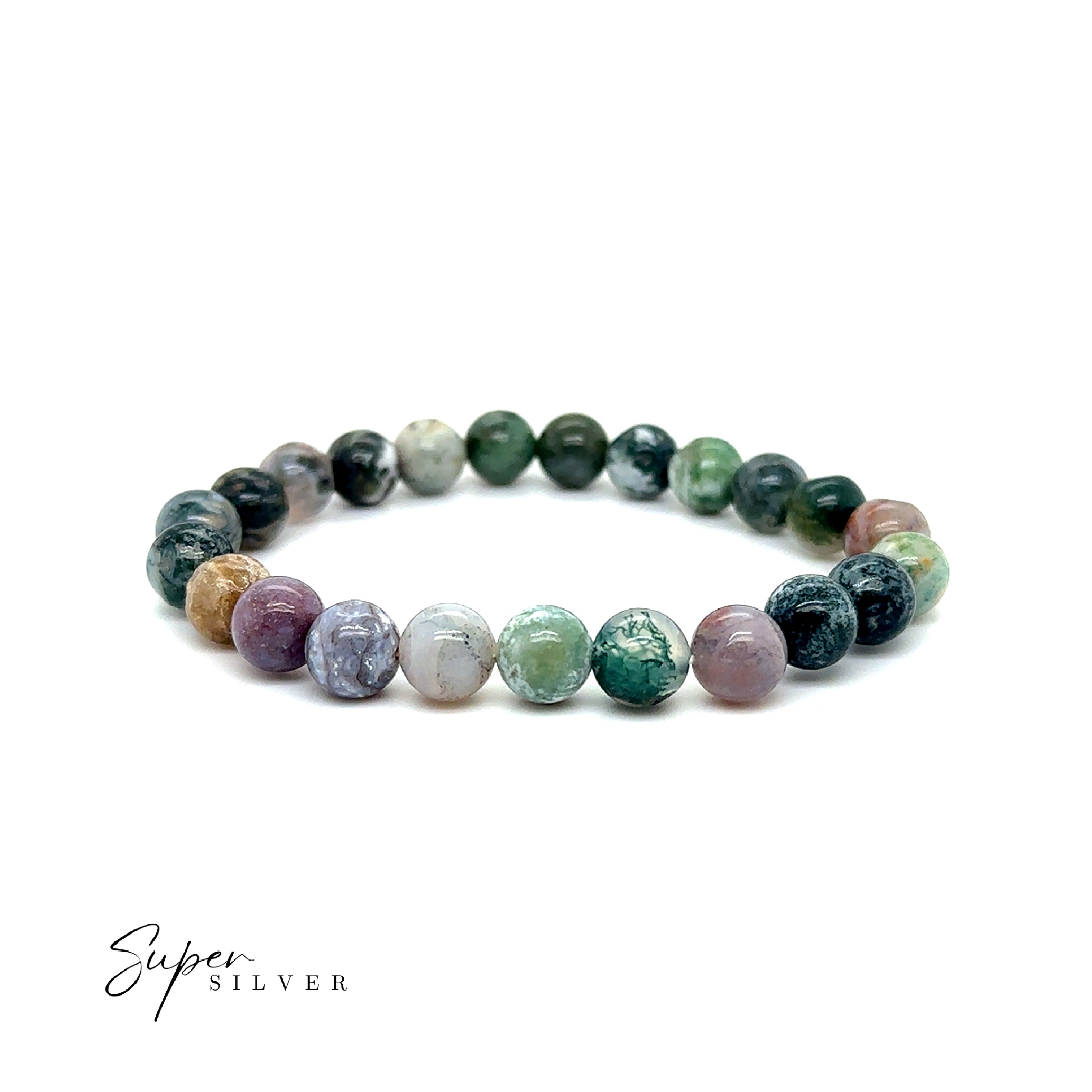 Beaded Stone Bracelets: Multicolored round stones on a single-strand stretch band, shown on a white background with the "Super Silver" logo at the lower left. Ideal for stacking with other bracelets.