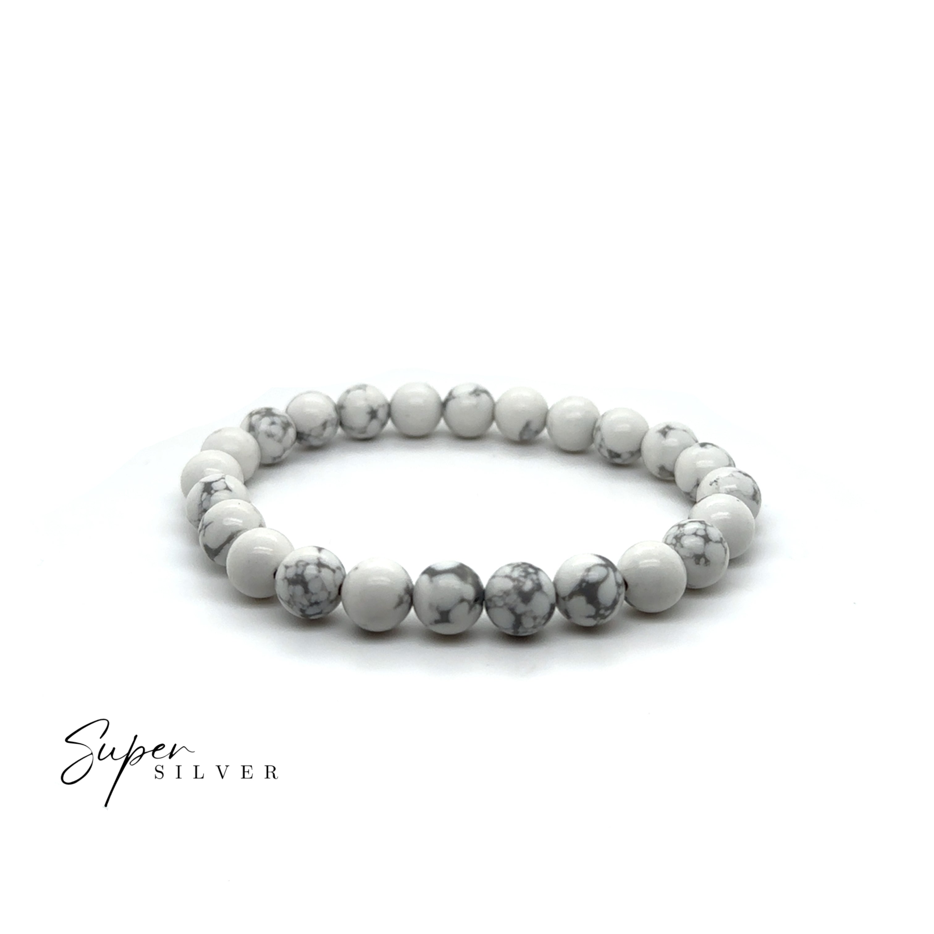 A Beaded Stone Bracelet made of round white stones with gray marbling is arranged in a circle on a white background, with "Super Silver" in the lower left corner. Ideal for stacking with other Beaded Stone Bracelets.