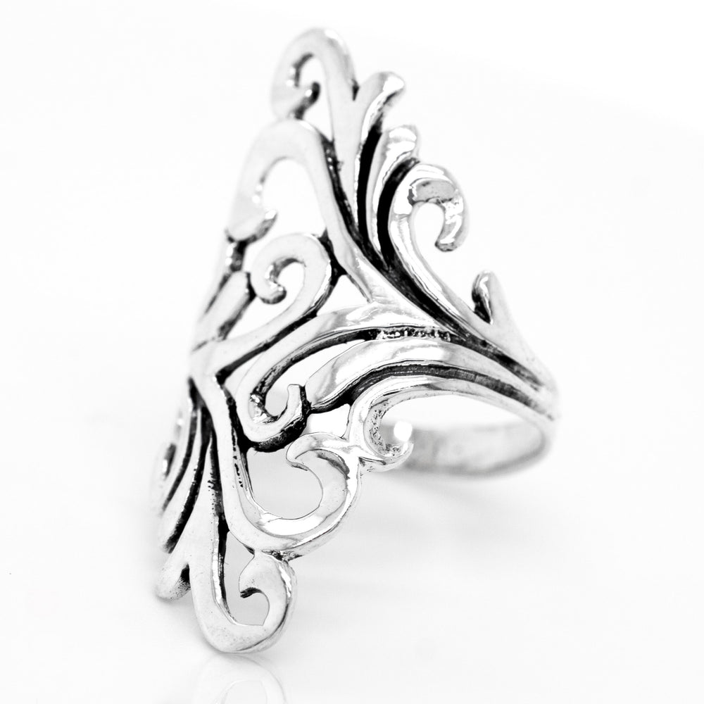 The Vintage Inspired Swirl Wrap Ring is a beautiful sterling silver piece featuring intricate swirling designs on a white background, capturing an art nouveau aesthetic.