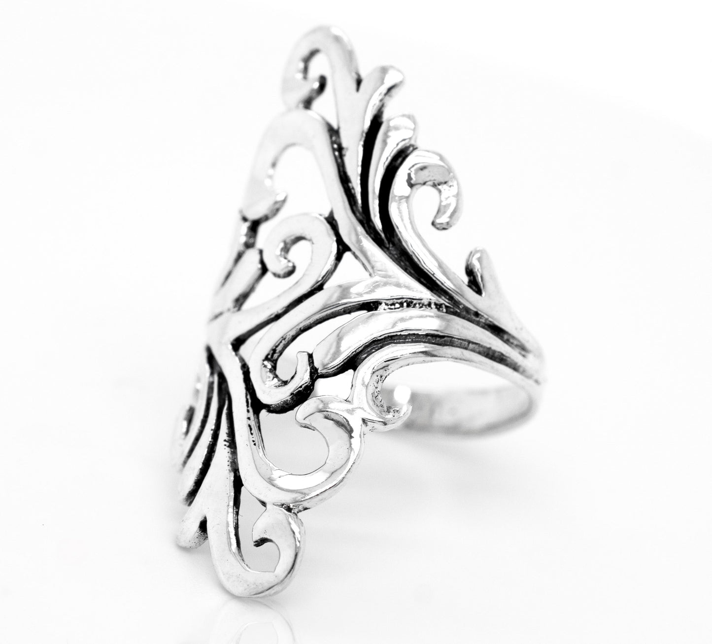 The Vintage Inspired Swirl Wrap Ring is a beautiful sterling silver piece featuring intricate swirling designs on a white background, capturing an art nouveau aesthetic.