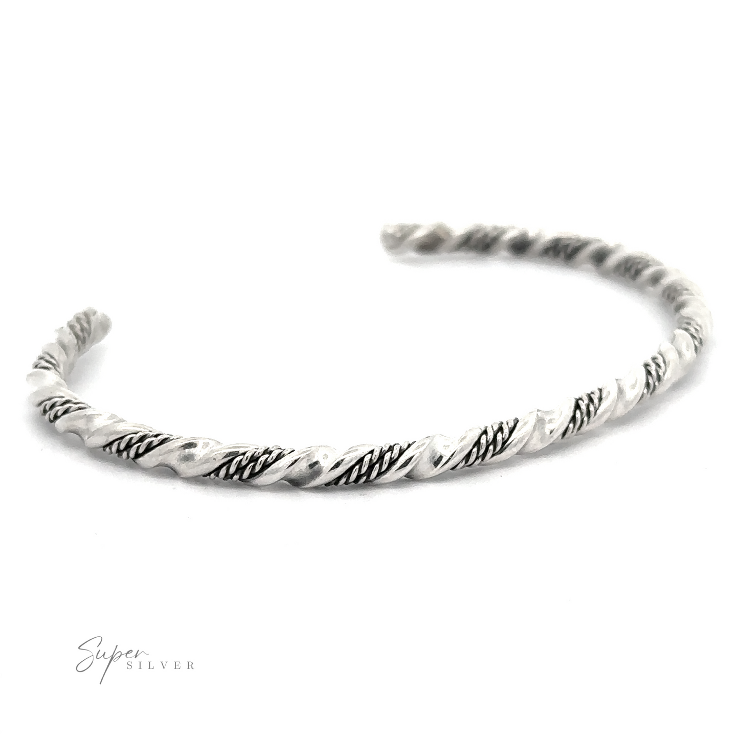 
                  
                    A Native American Handmade Silver Rope Twist Cuff, handmade with a mix of polished and textured surfaces, is displayed against a white background. The .925 Sterling Silver logo "Super Silver" is visible in the bottom left corner.
                  
                
