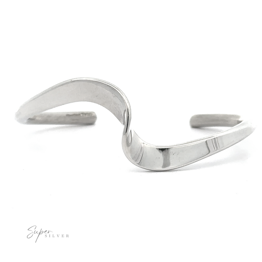 A Native American Handmade Thick Silver Wave Cuff with an open-ended, sleek design. The brand name "Super Silver" is visible on the lower left corner, reflecting a subtle nod to Native American artistry.