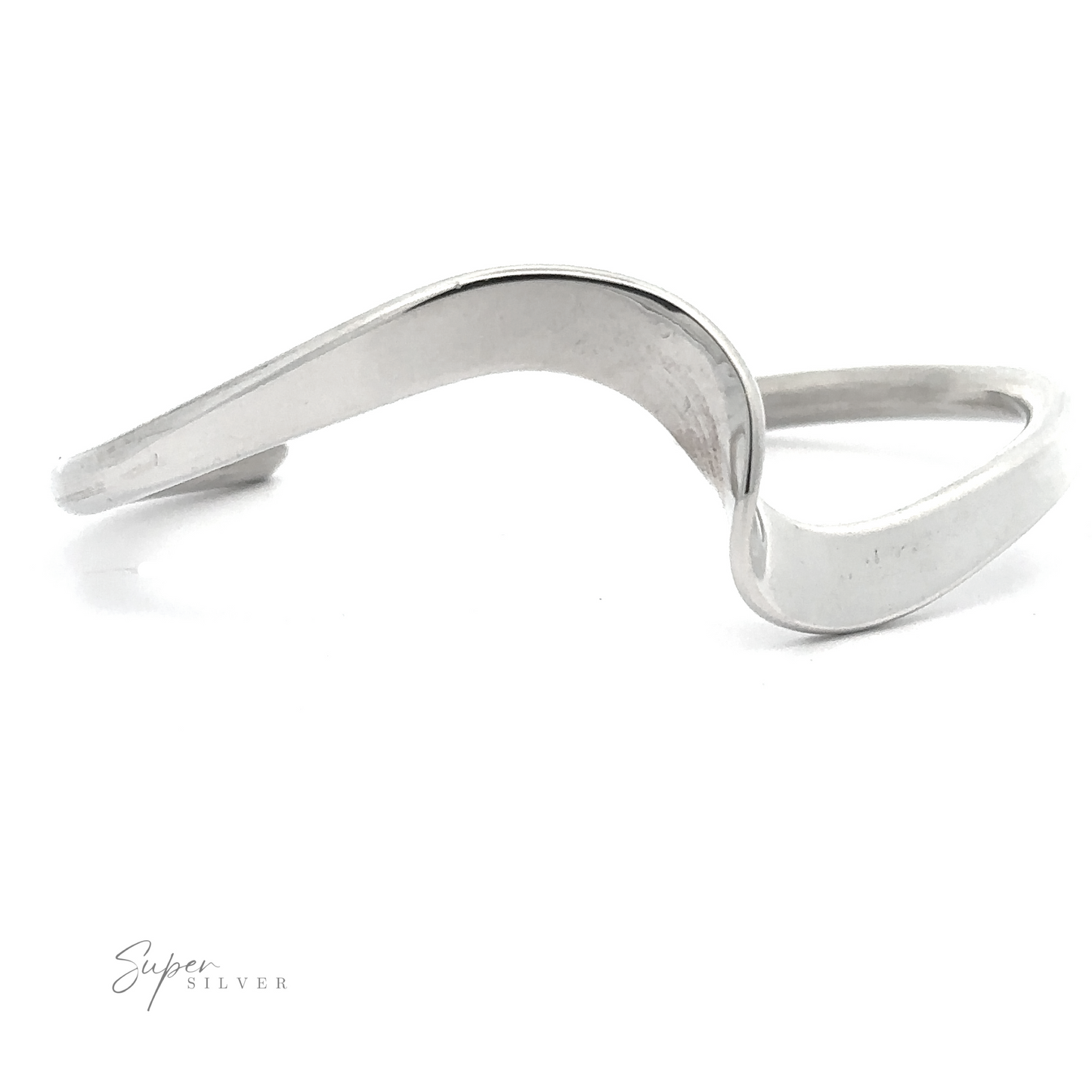 A sleek, curved sterling silver cuff bracelet featuring the text "Native American Handmade Thick Silver Wave Cuff" printed in the lower left corner. This piece echoes the elegance often found in Native American Jewelry.