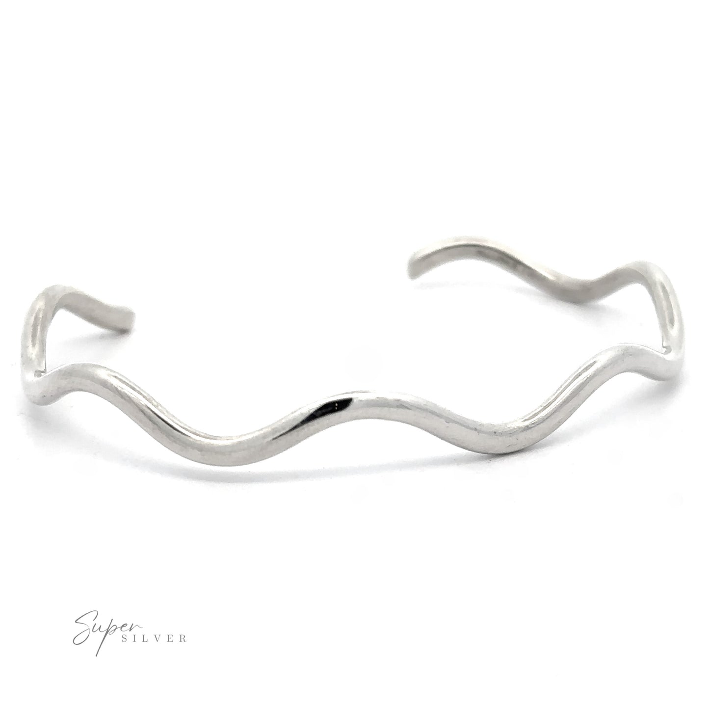 
                  
                    A silver, wavy-design bangle bracelet on a white background. The "Native American Handmade Silver Wavy Cuff" logo is visible in the bottom left corner, highlighting its sterling silver craftsmanship.
                  
                