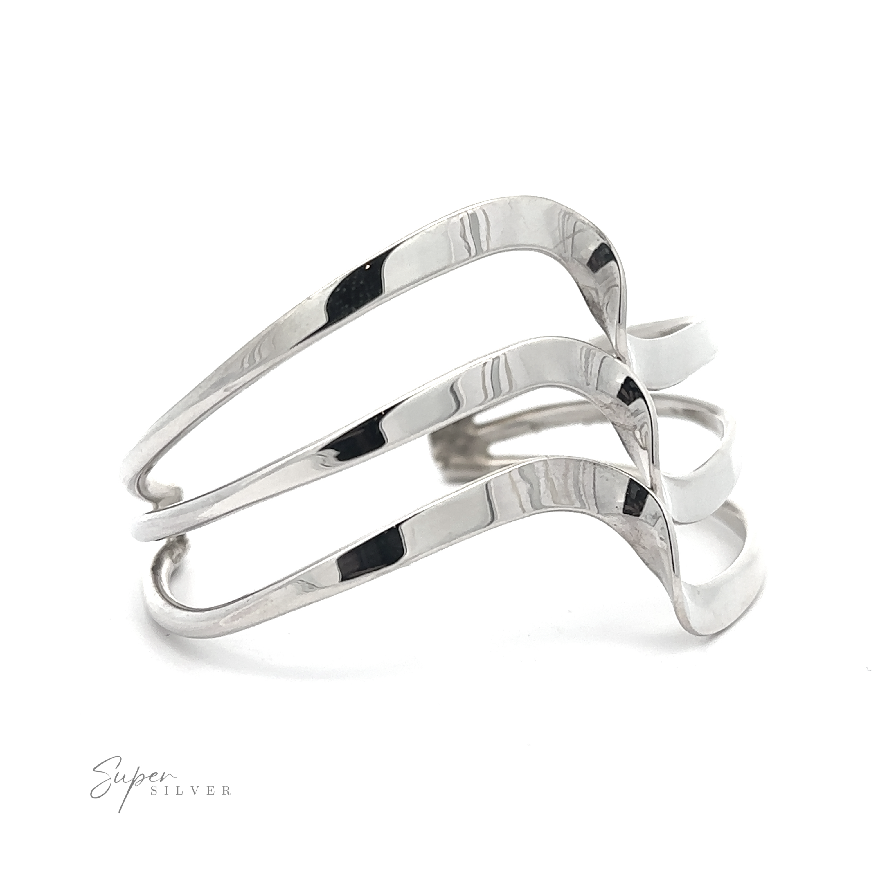 A silver, multi-band, wave-style ring with a reflective finish is shown against a white background. The inscription "Native American Handmade Silver Triple Wave Cuff" is at the bottom left corner, highlighting its .925 Sterling Silver quality and craftsmanship.