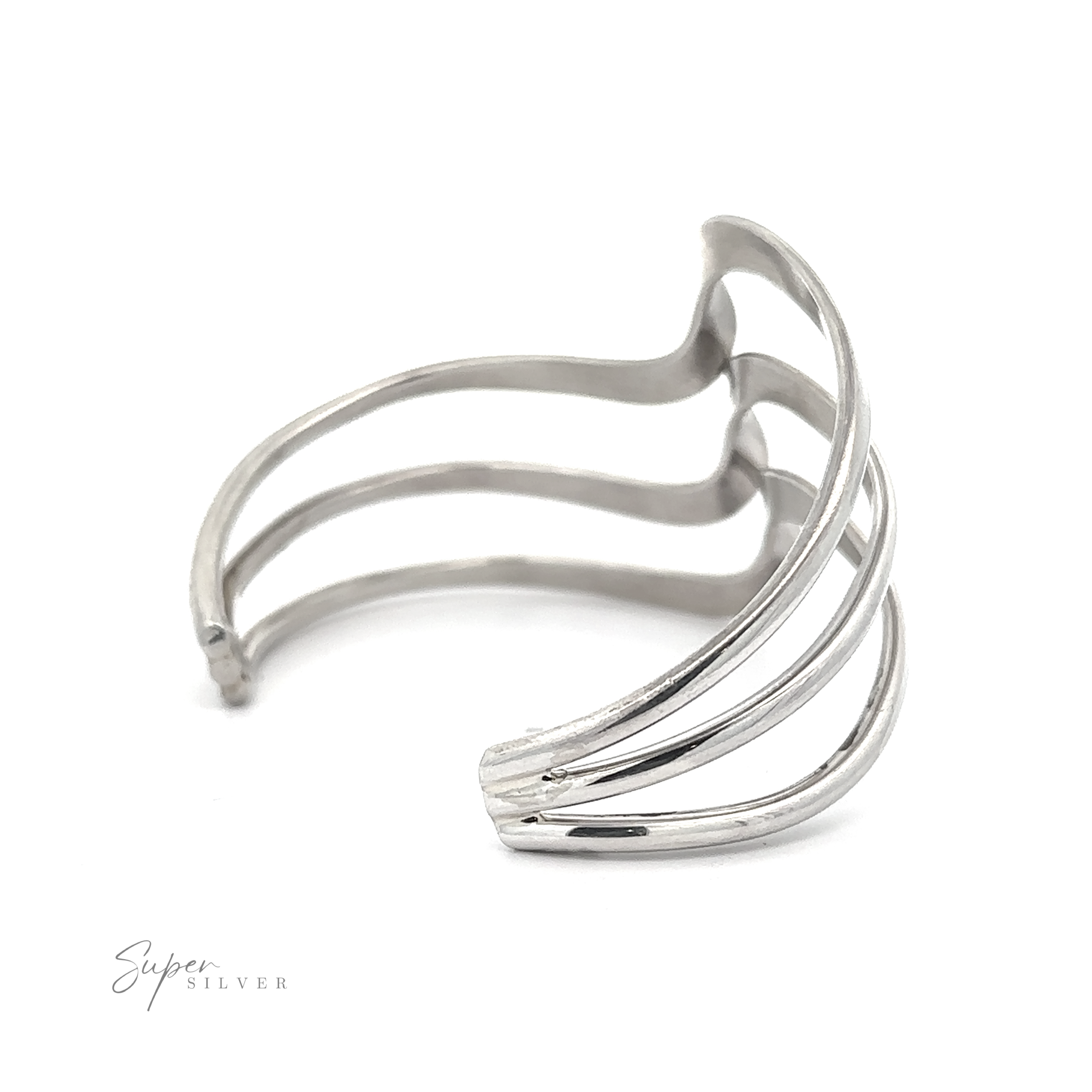 A Native American Handmade Silver Triple Wave Cuff with three parallel bands and a subtle wave design, fitting a 6-7 inch wrist. The brand name "Super Silver" is visible in the lower left corner.