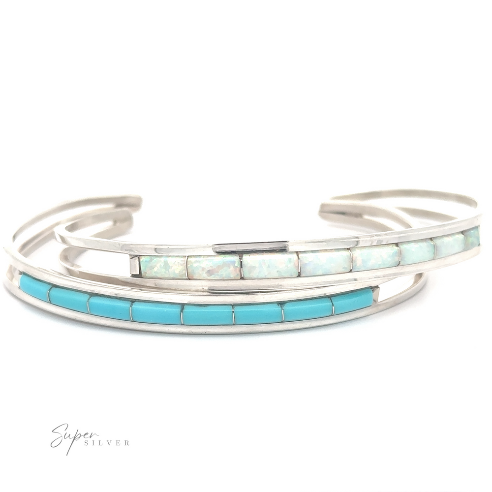 Chic Native American Cuff With Inlaid Stones bracelet with turquoise and opal inlay.