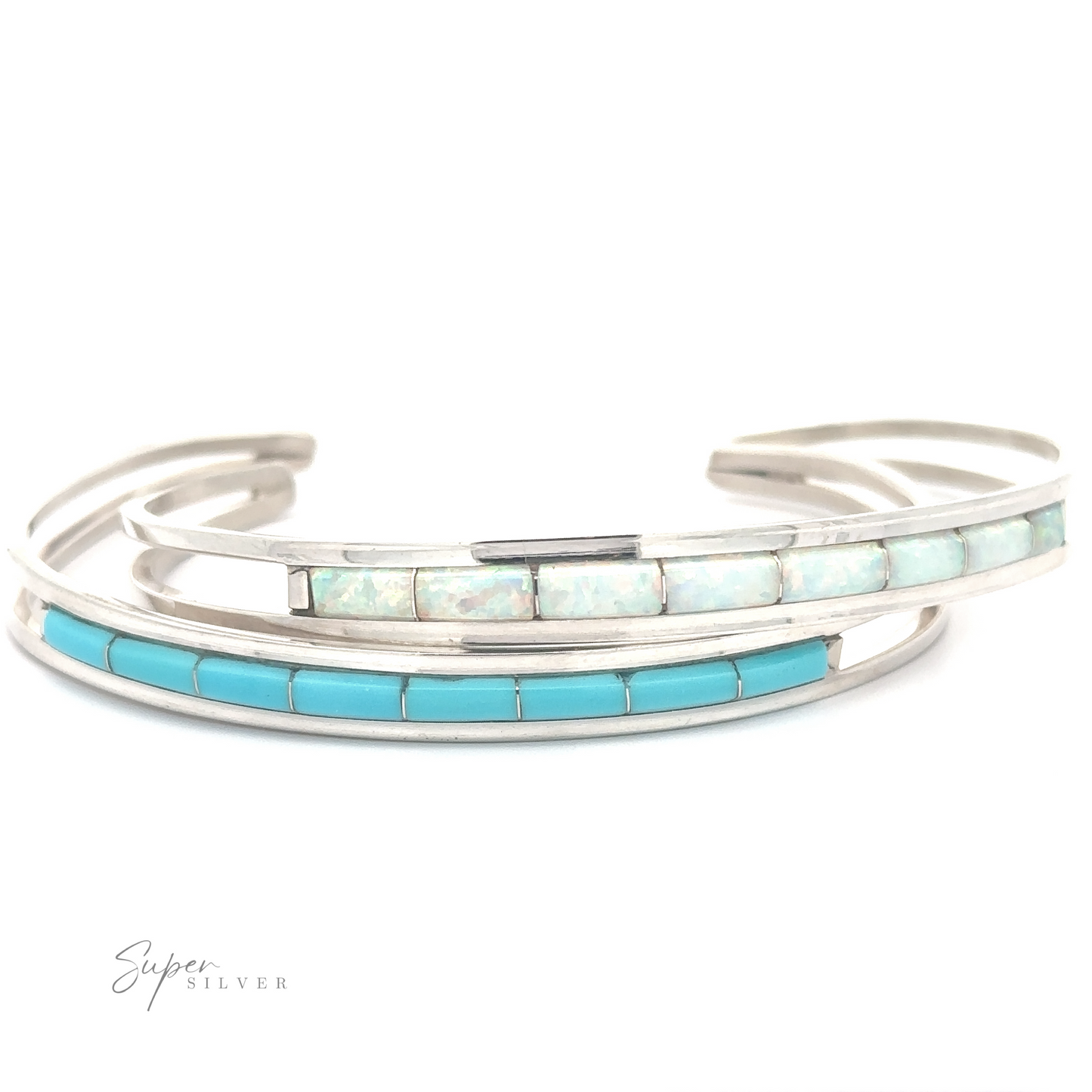 Chic Native American Cuff With Inlaid Stones bracelet with turquoise and opal inlay.
